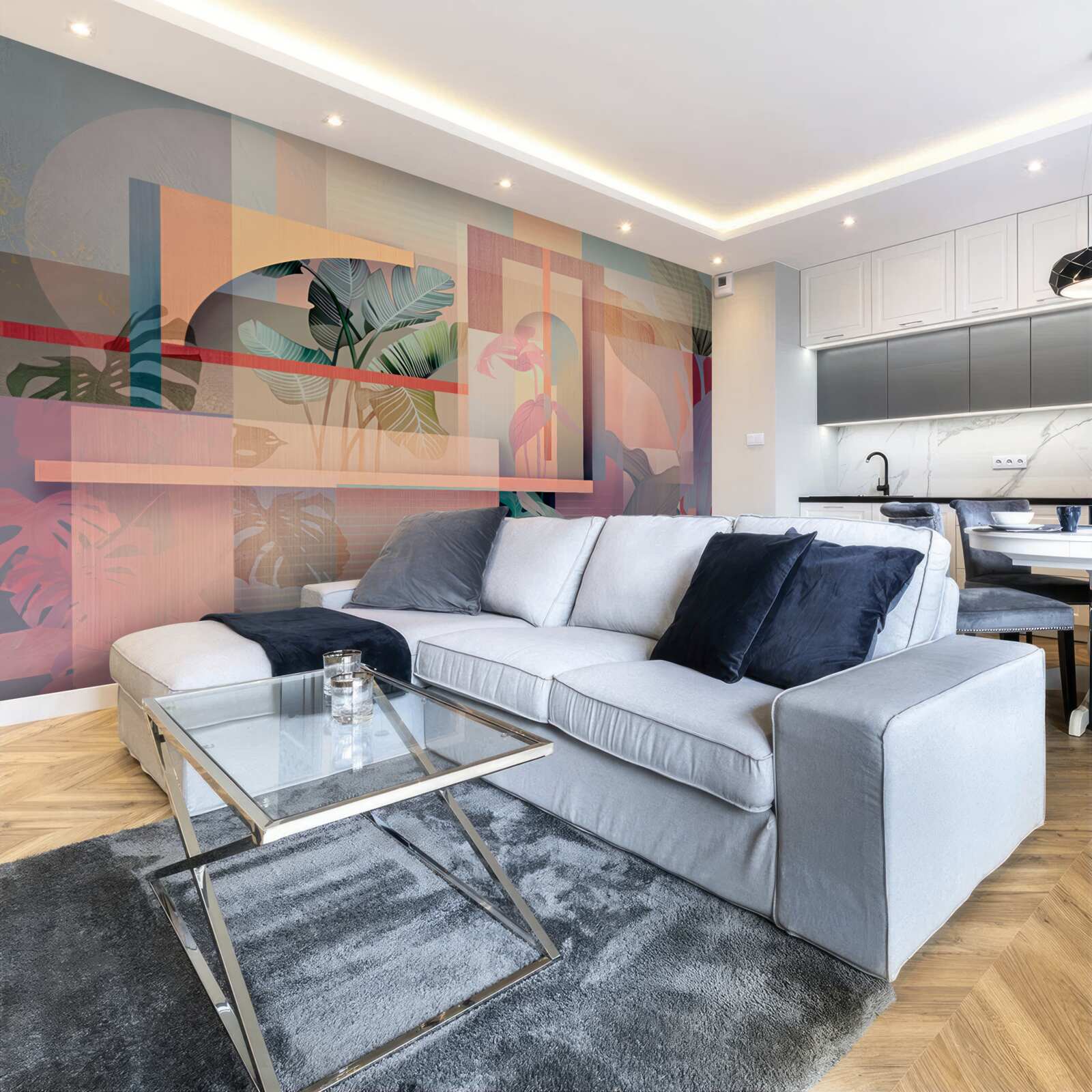 Фотошпалери фон з елементами рослинності та геометричними фігурами