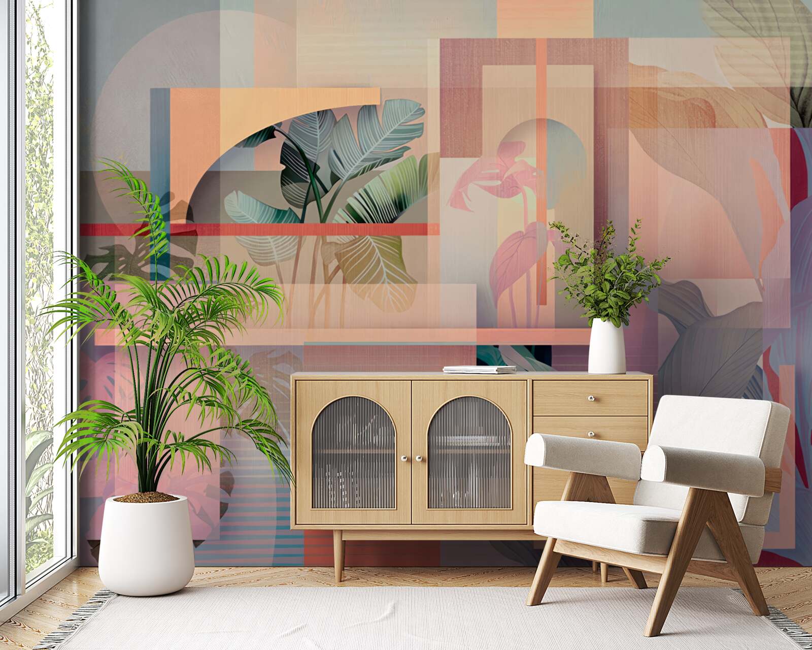 Фотошпалери фон з елементами рослинності та геометричними фігурами