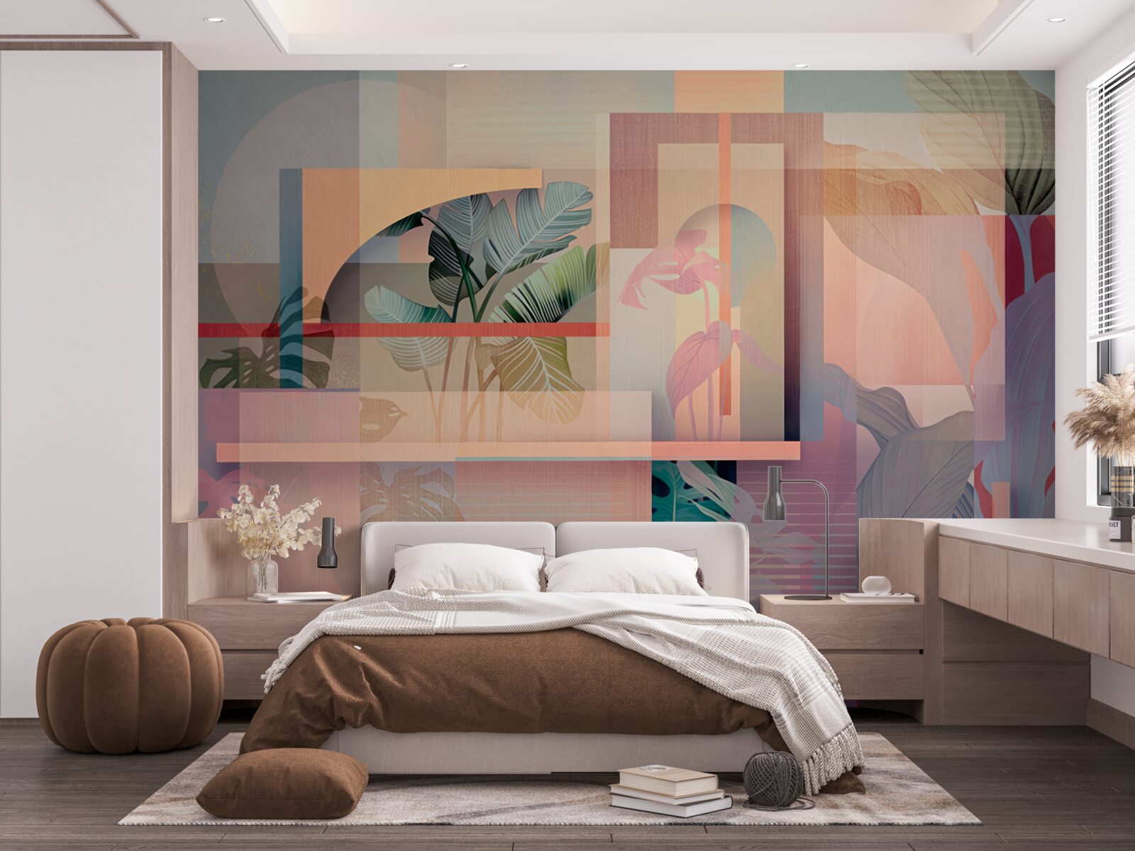 Фотошпалери фон з елементами рослинності та геометричними фігурами