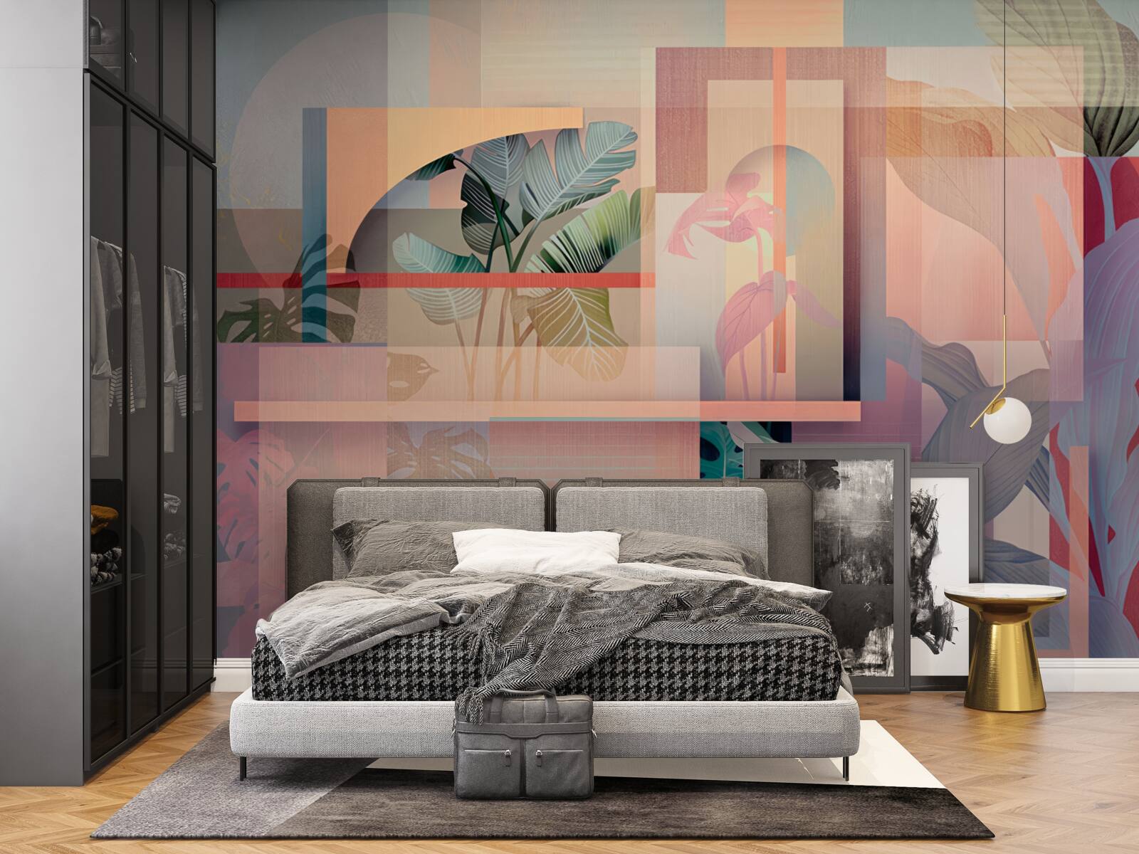 Фотошпалери фон з елементами рослинності та геометричними фігурами