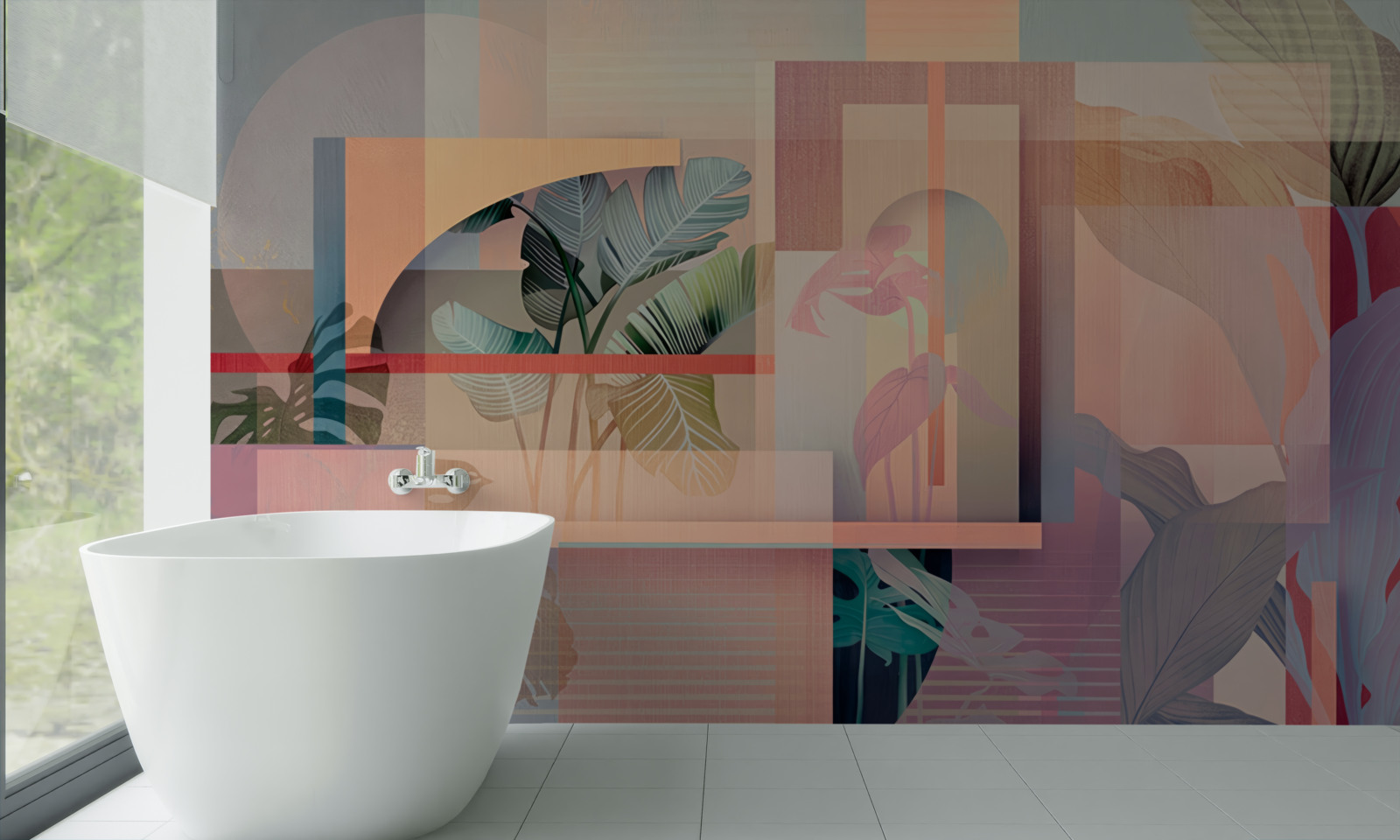 Фотошпалери фон з елементами рослинності та геометричними фігурами