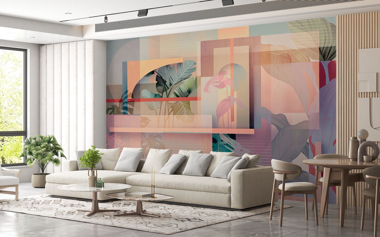 Фотошпалери фон з елементами рослинності та геометричними фігурами