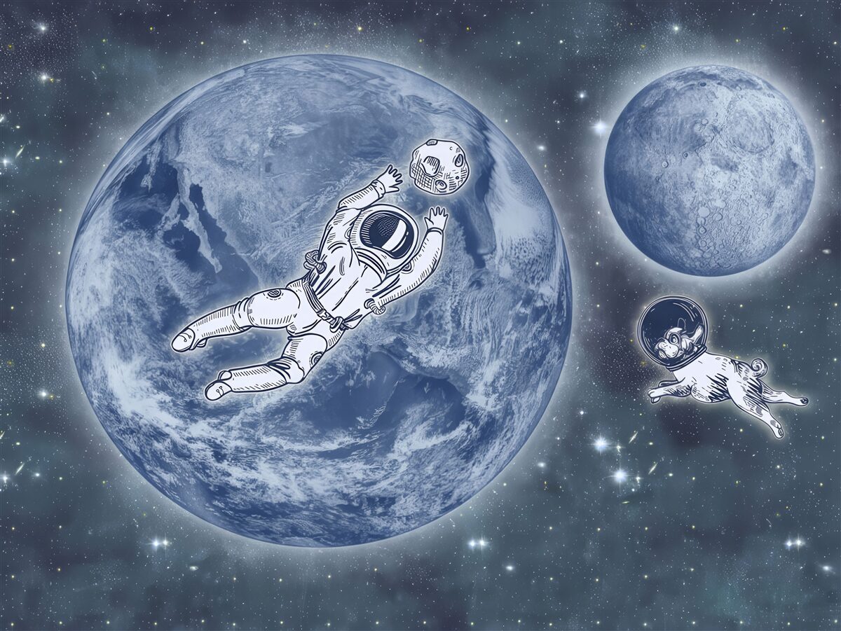 Фотошпалери астронавт і собака летять у космос