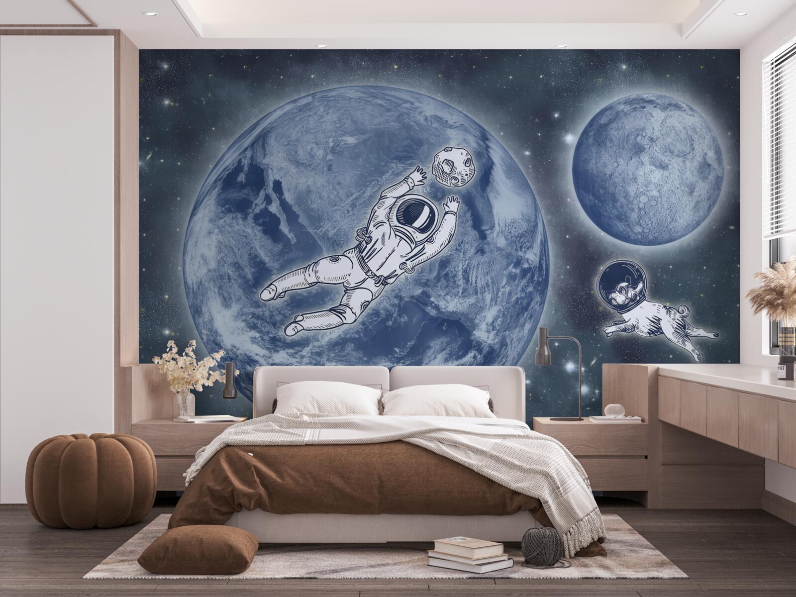 Фотошпалери астронавт і собака летять у космос