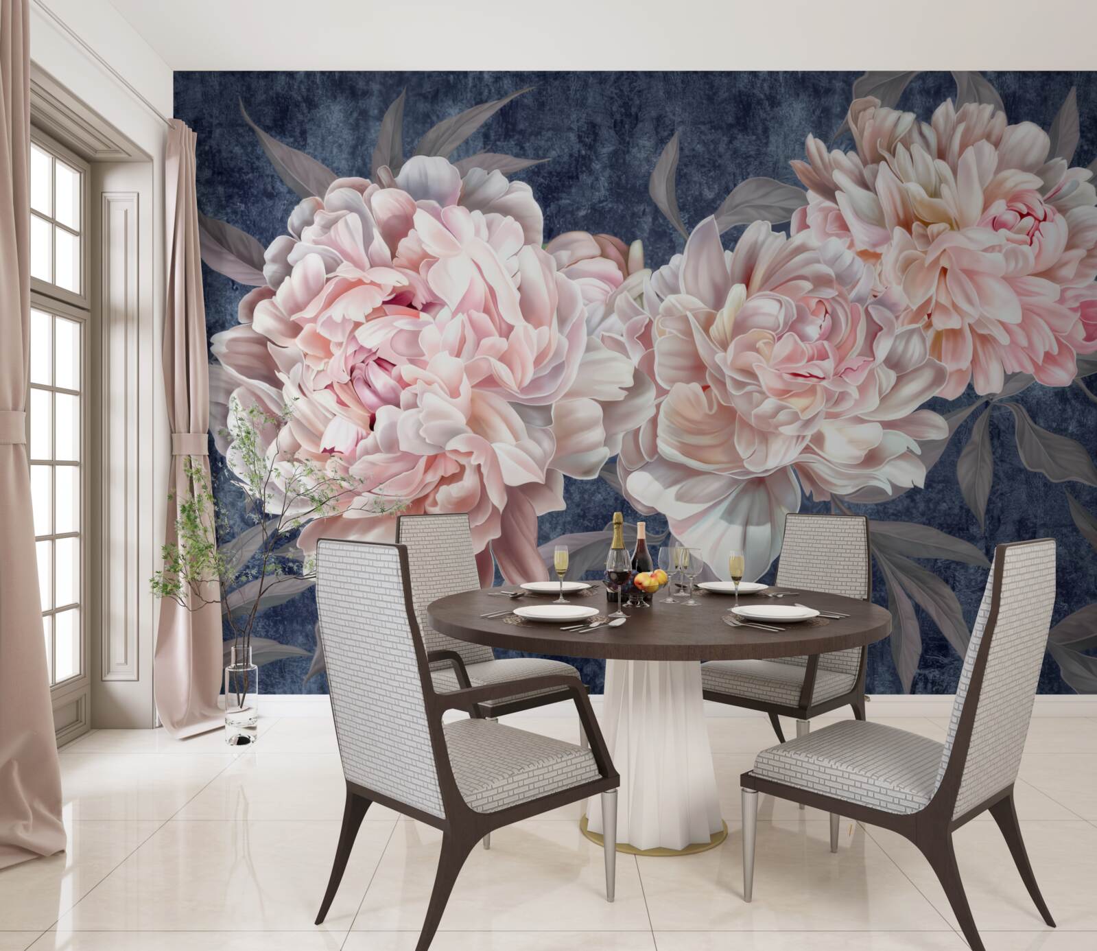 Фотошпалери великі яскраві півонії на темній поверхні