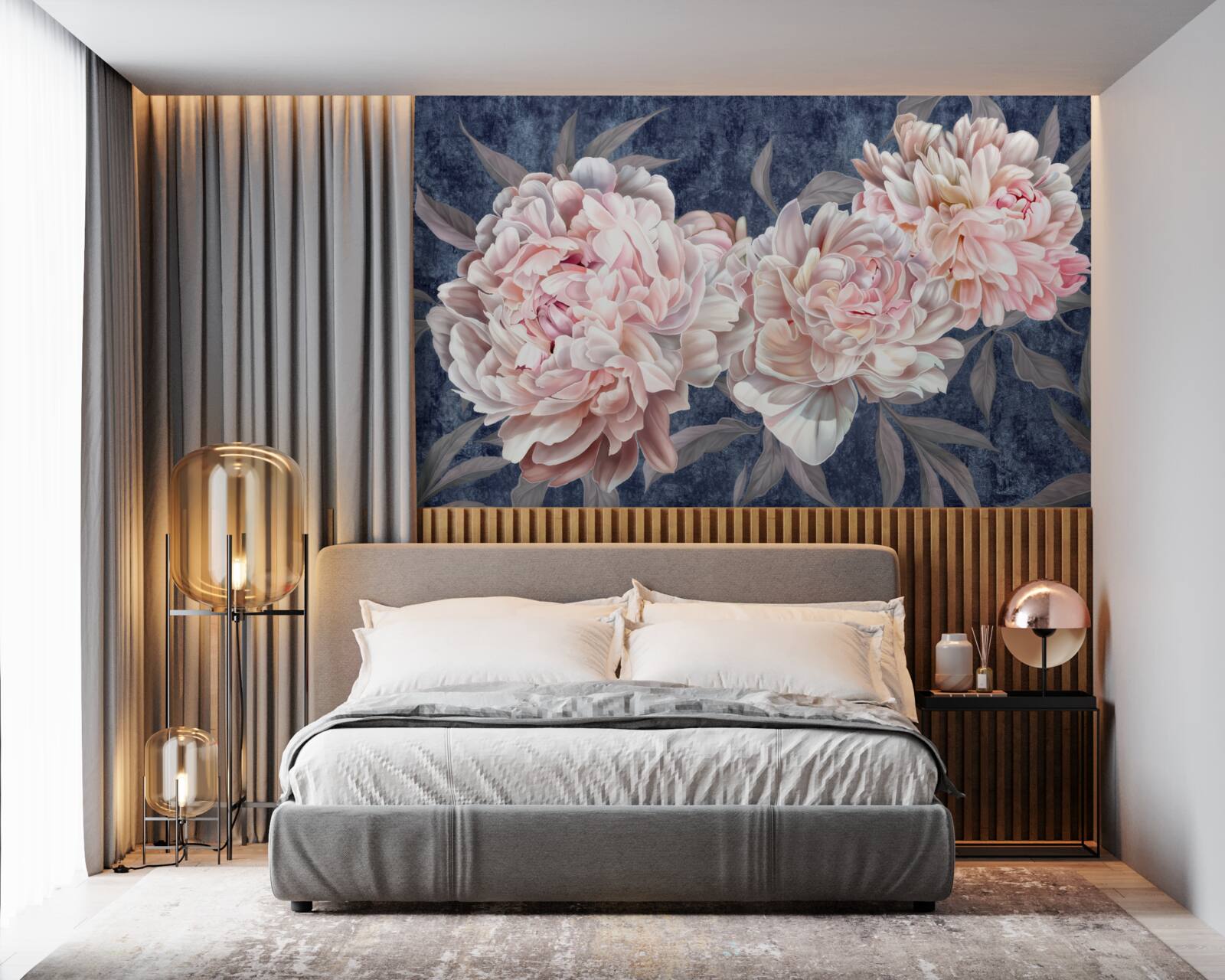 Фотошпалери великі яскраві півонії на темній поверхні