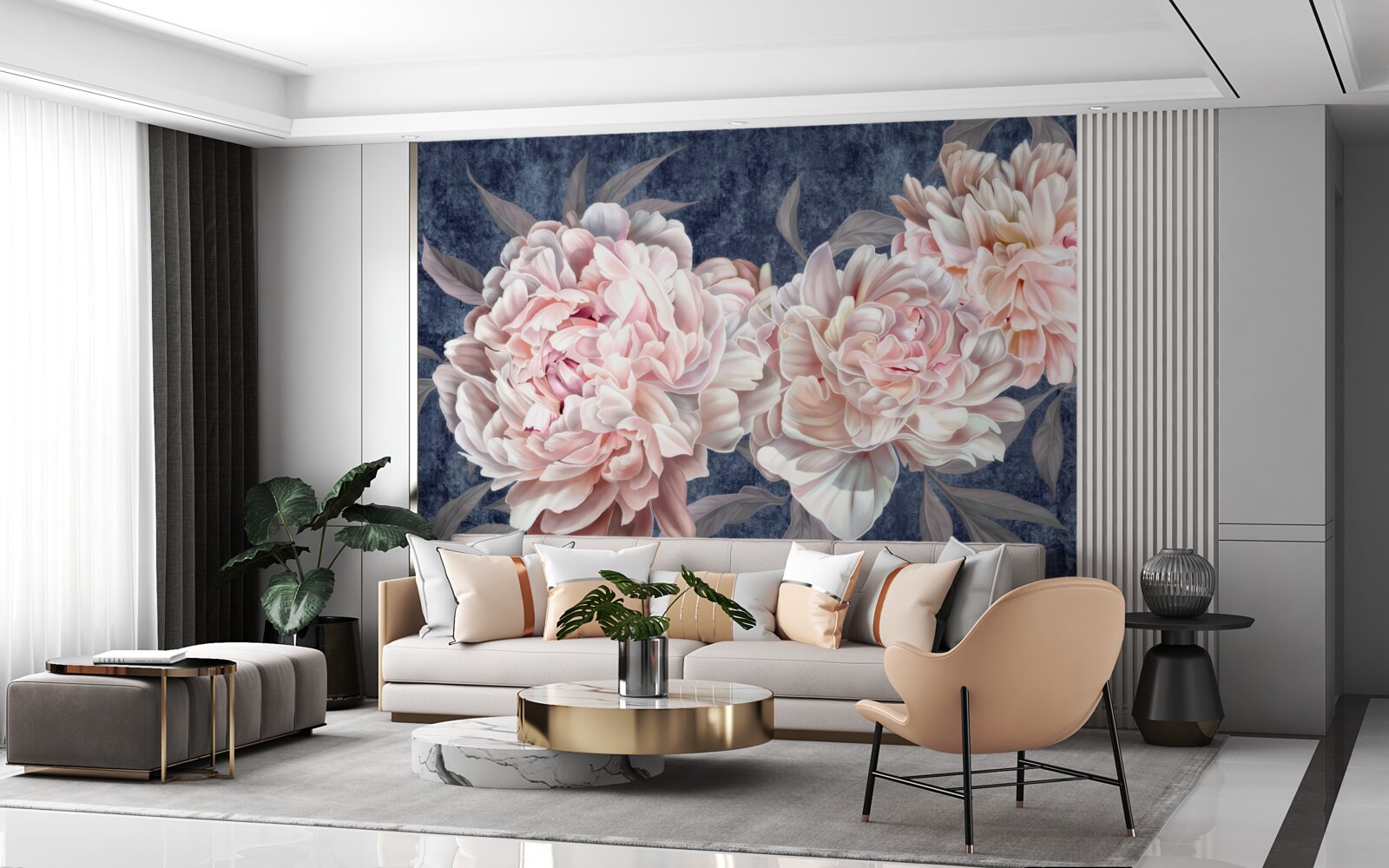 Фотошпалери великі яскраві півонії на темній поверхні