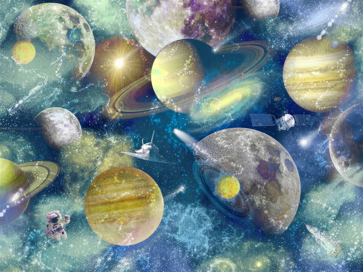 Фотошпалери астронавт на тлі різних планет у космосі