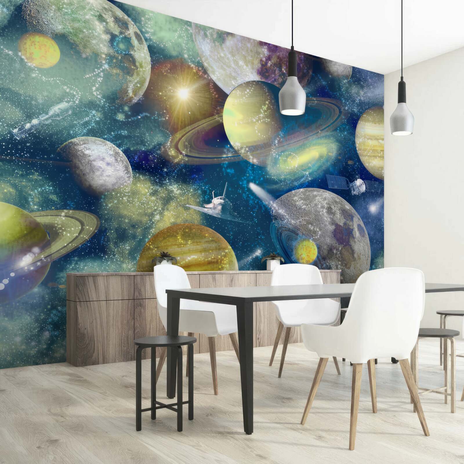 Фотошпалери астронавт на тлі різних планет у космосі