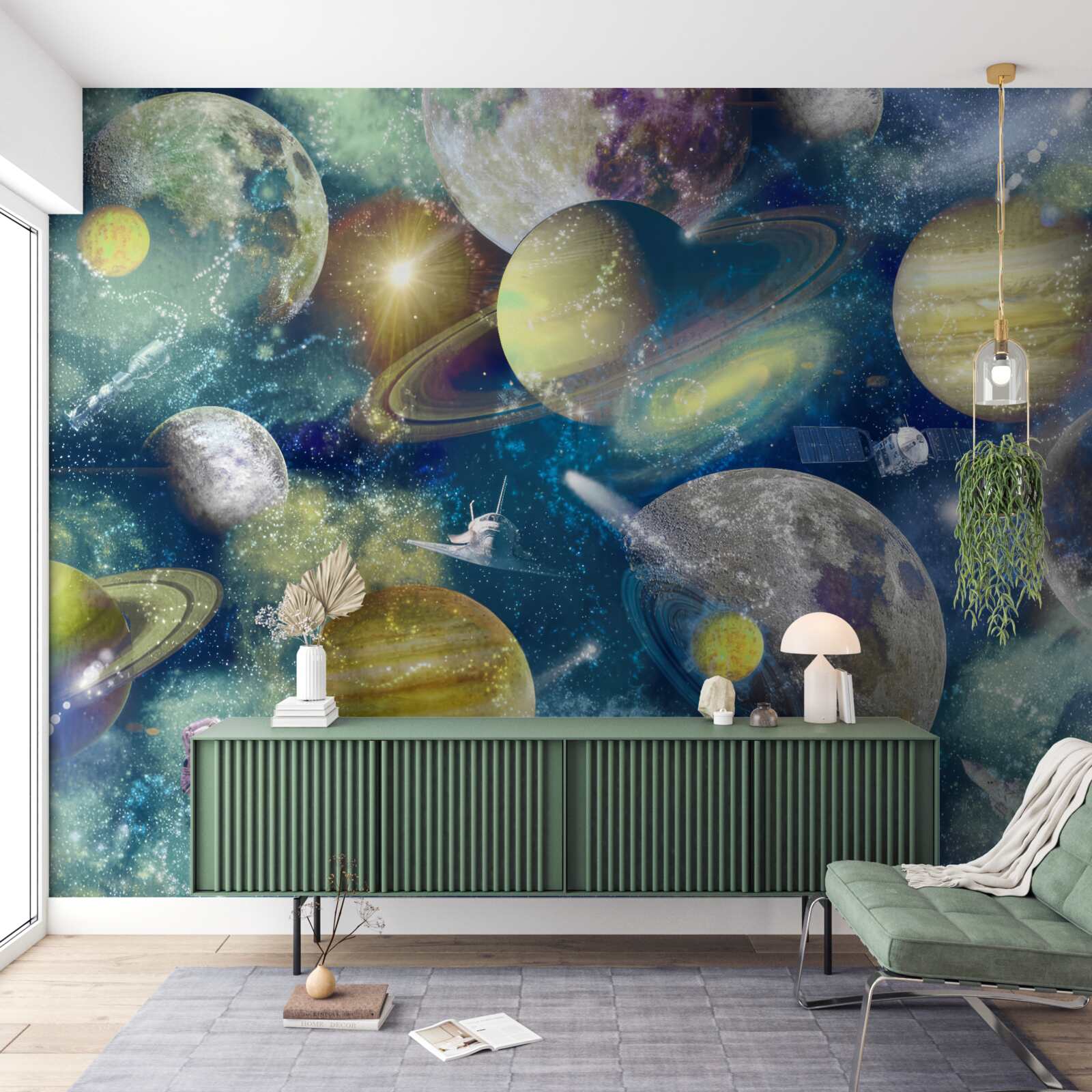 Фотошпалери астронавт на тлі різних планет у космосі