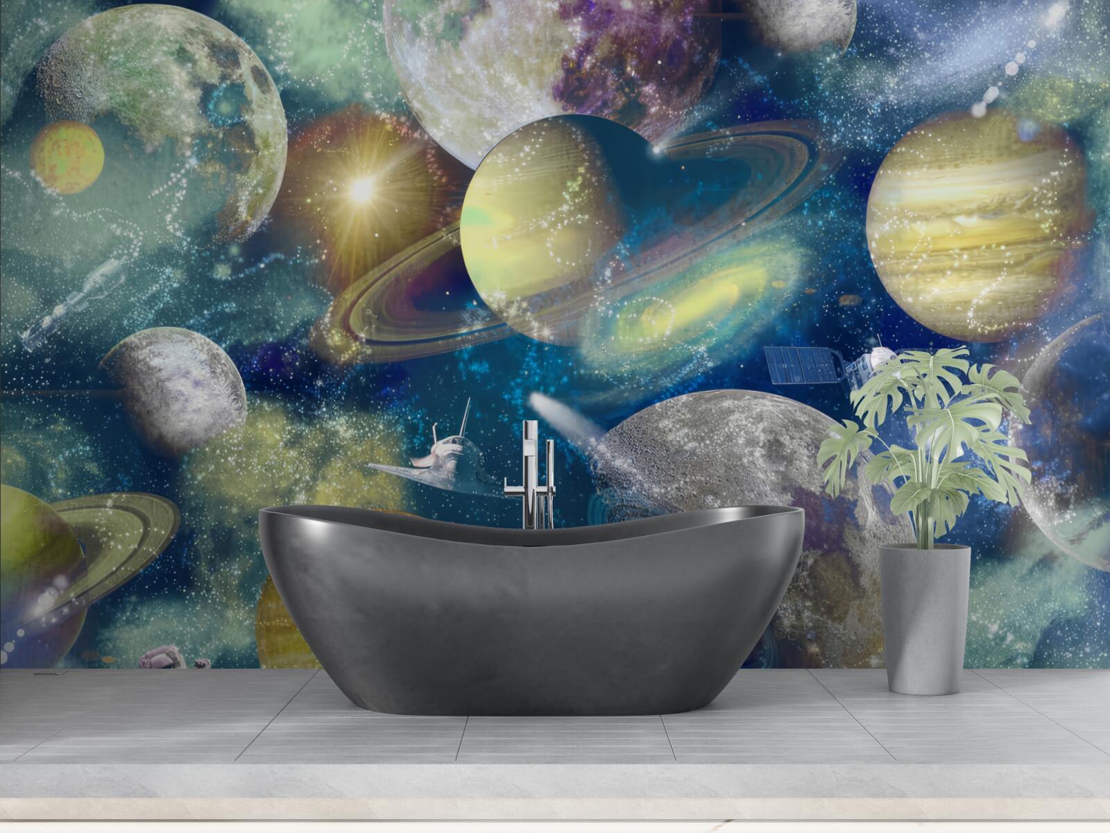 Фотошпалери астронавт на тлі різних планет у космосі