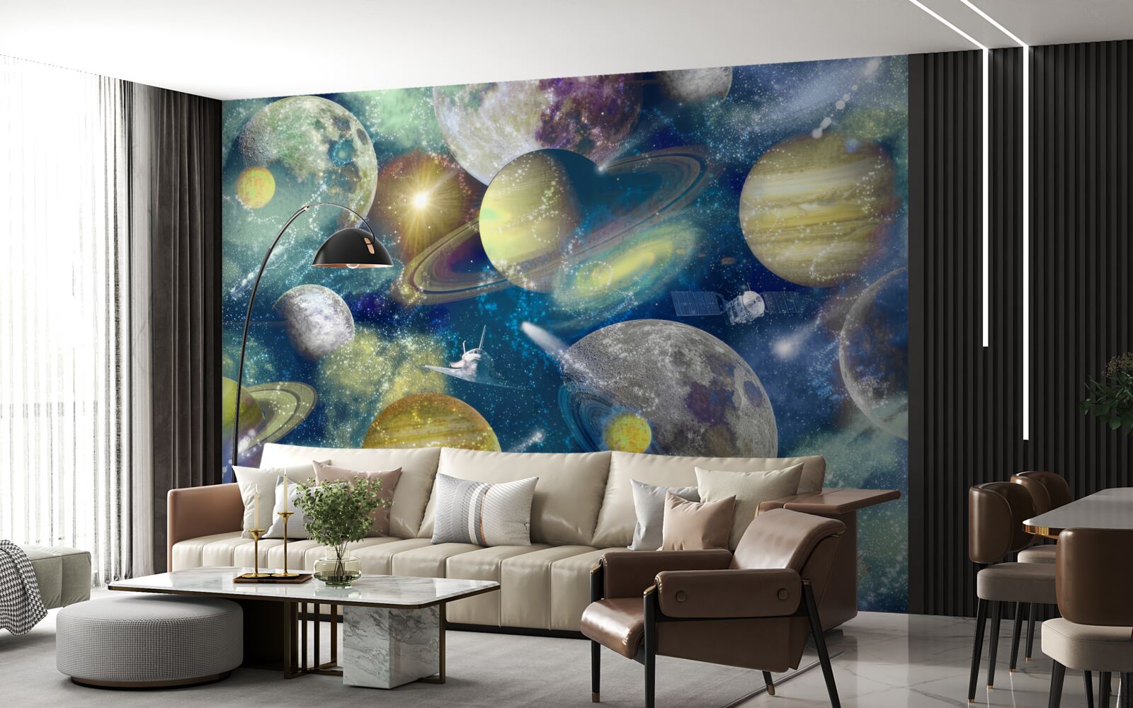 Фотошпалери астронавт на тлі різних планет у космосі