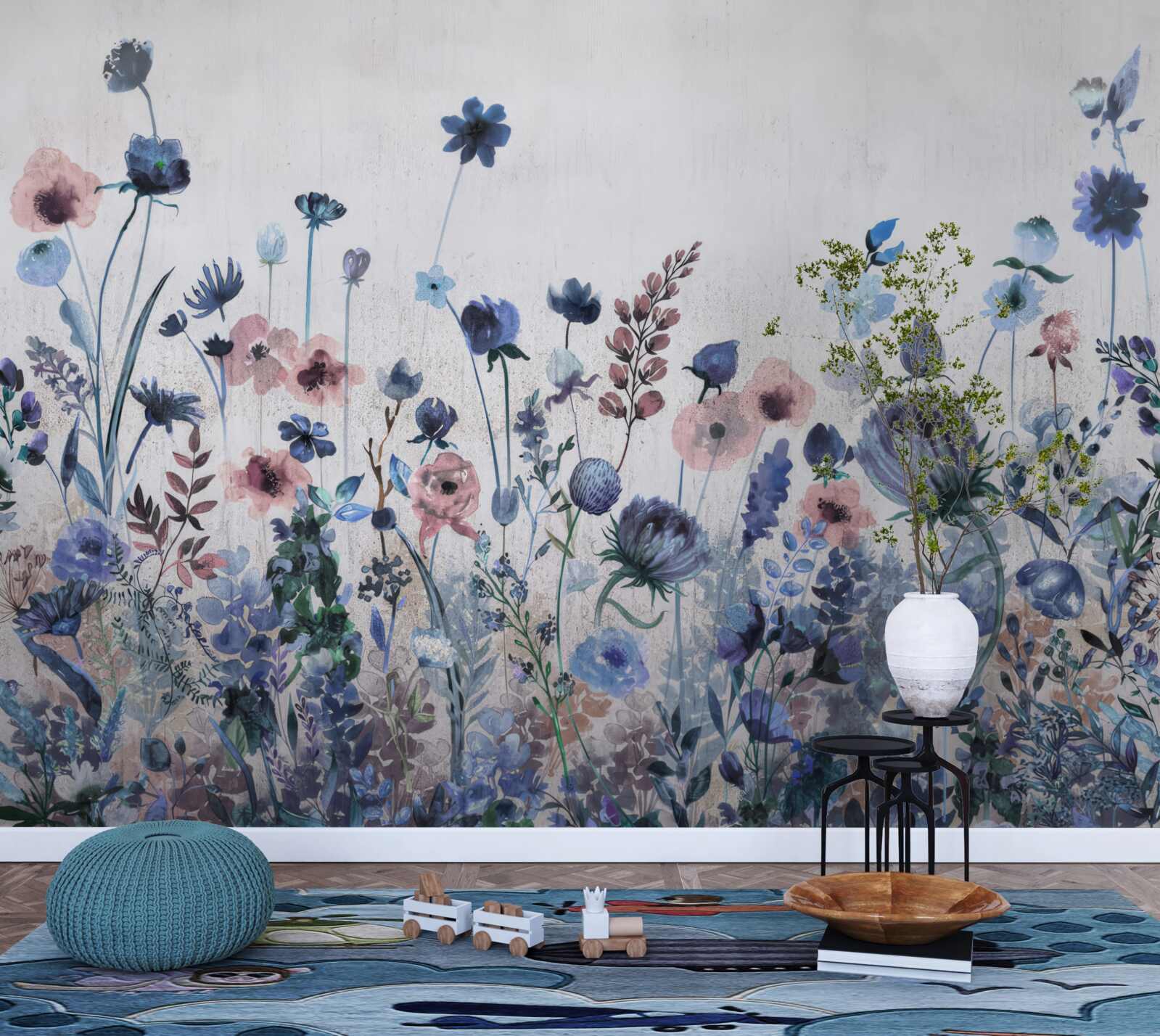 Фотошпалери рослини та квіти у відтінках блакитного та рожевого