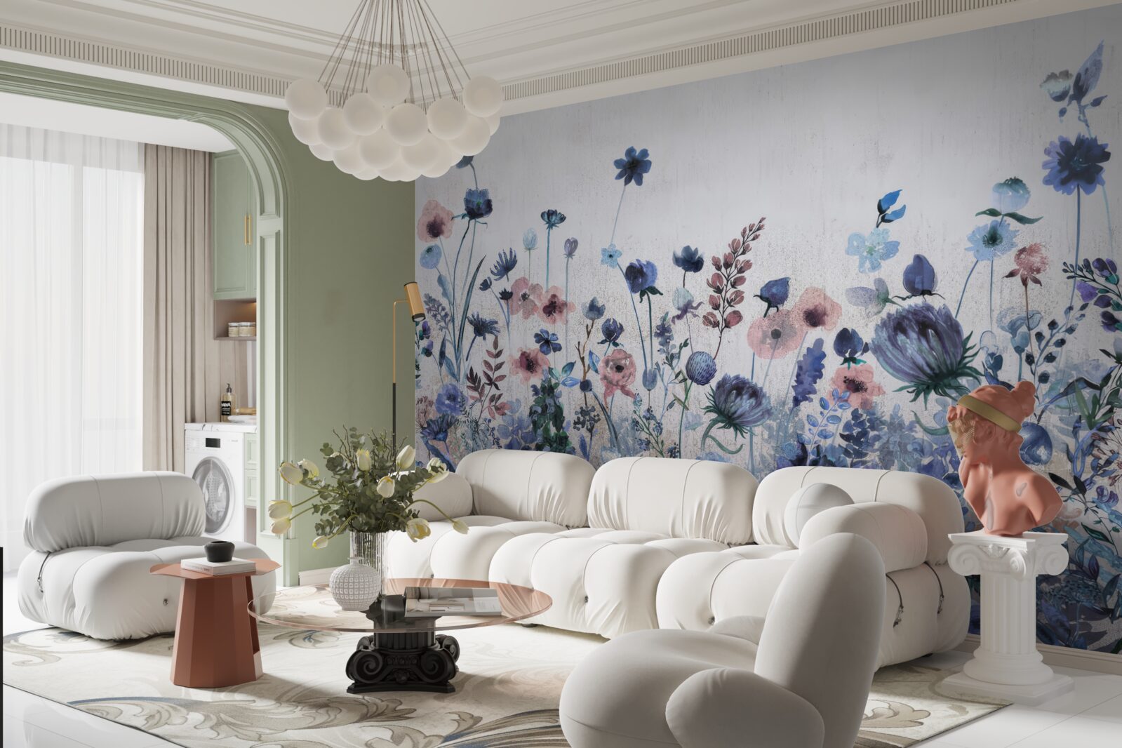 Фотошпалери рослини та квіти у відтінках блакитного та рожевого