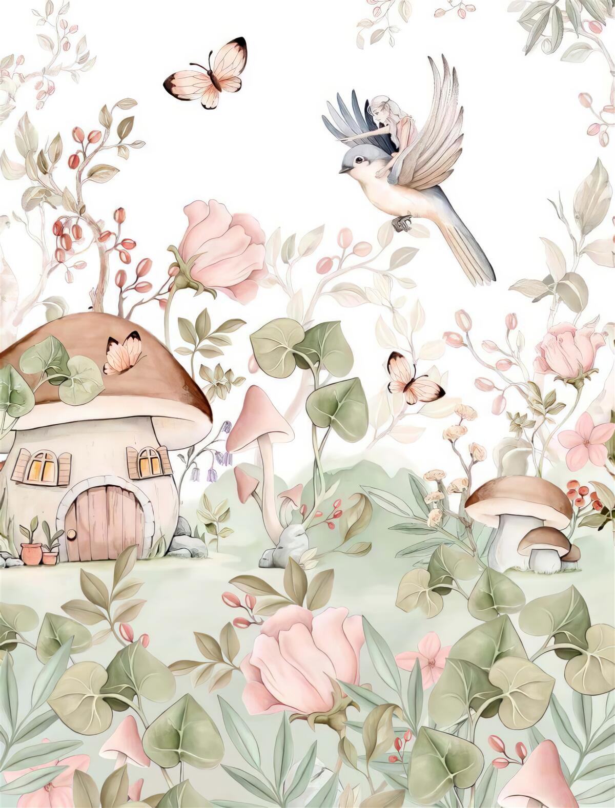 Фотошпалери дівчинка, що сидить на пташці, показує пальцем на будинок