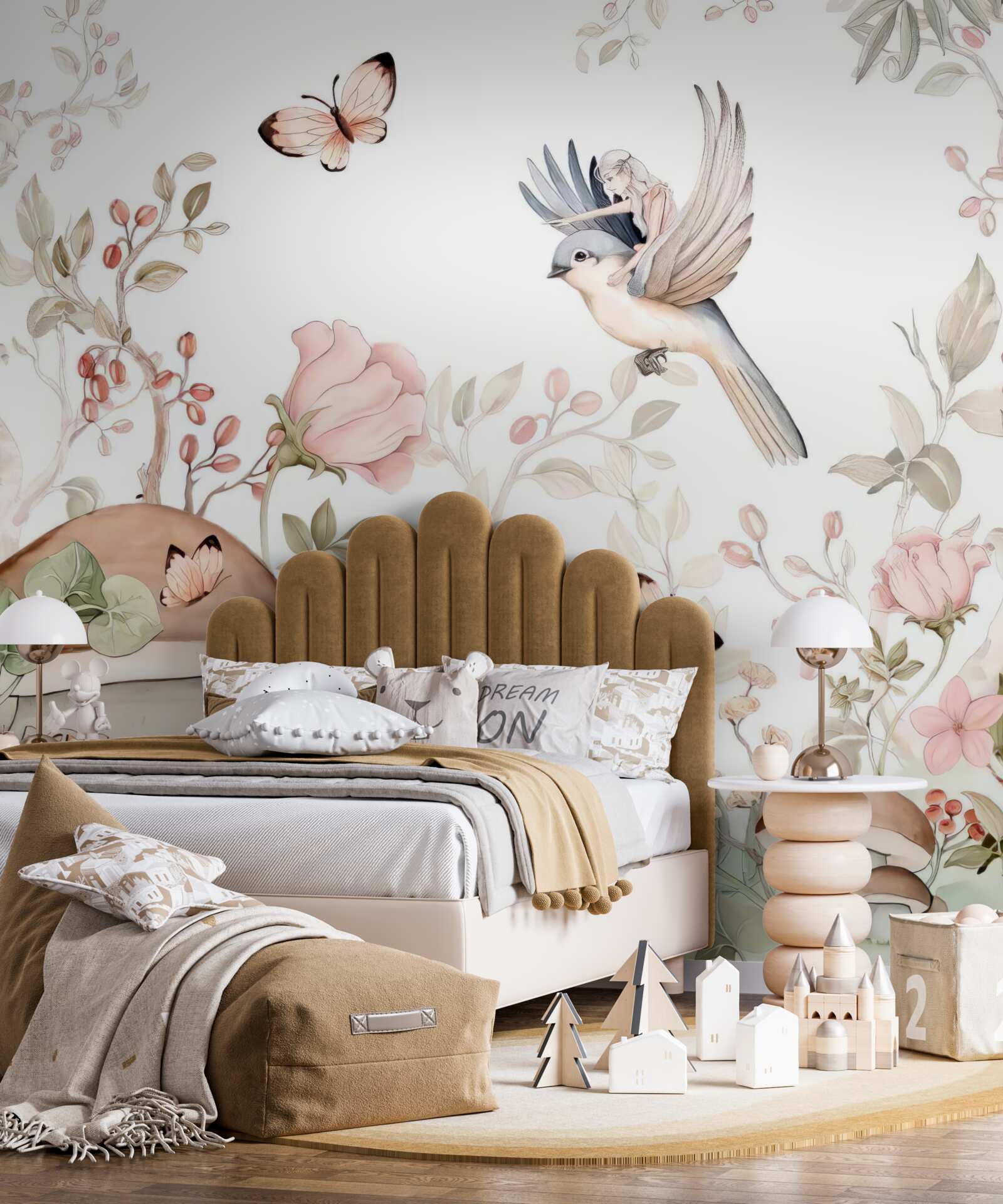 Фотошпалери дівчинка, що сидить на пташці, показує пальцем на будинок