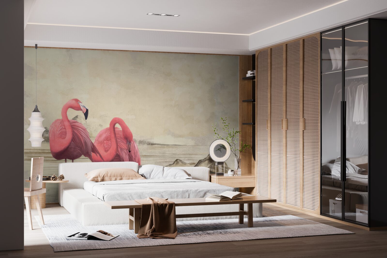 Фотошпалери пара яскраво-рожевих фламінго