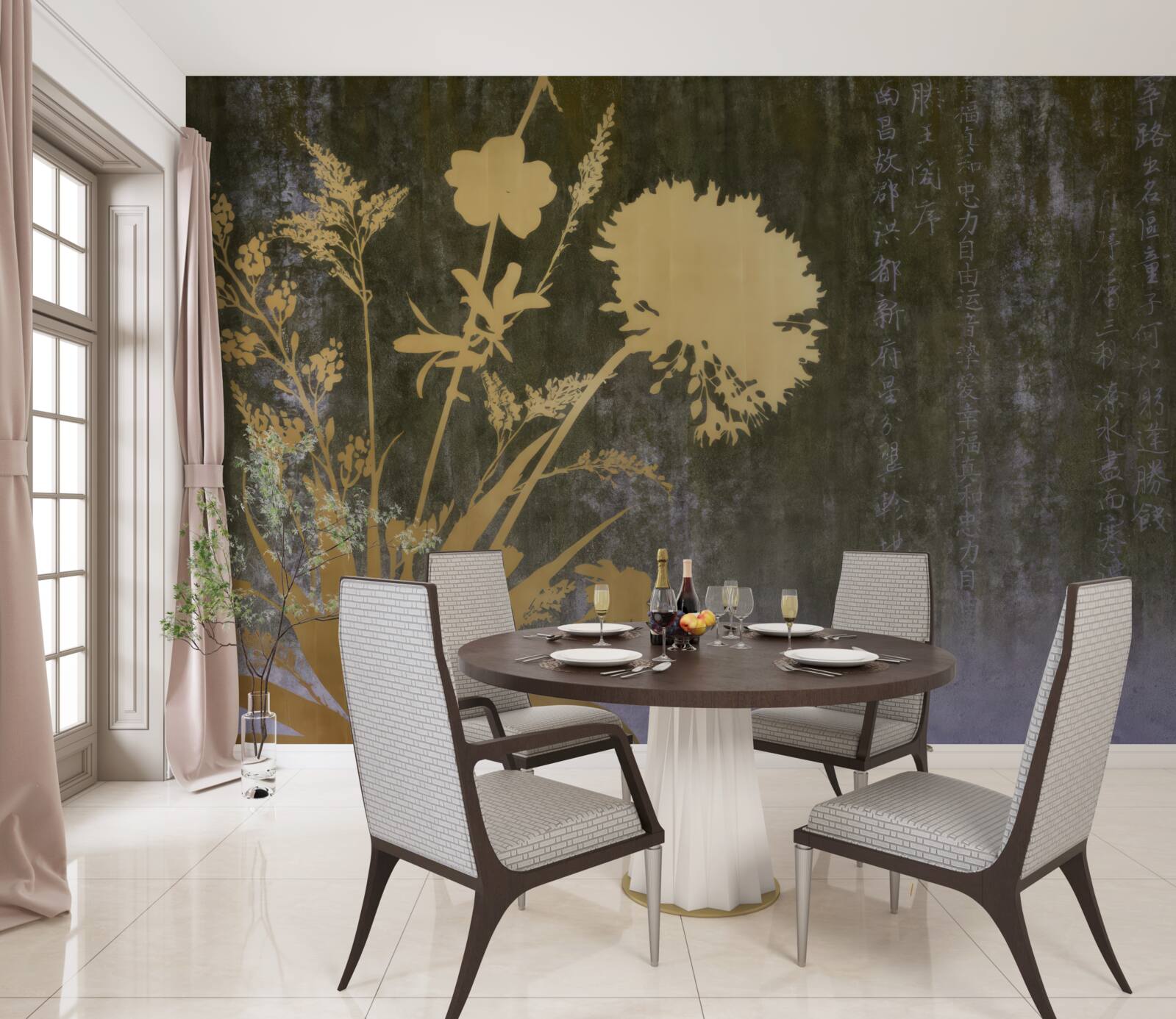 Фотошпалери фон із зображеннями ієрогліфів та рослин