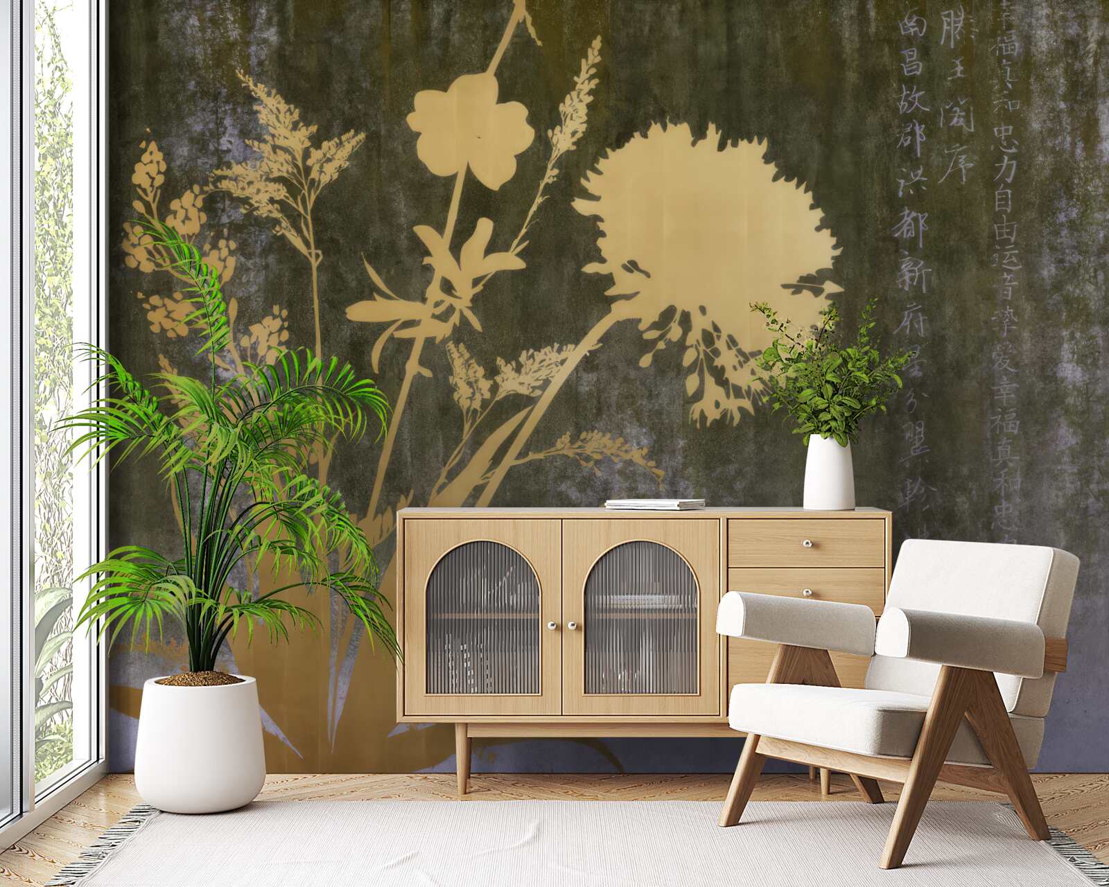 Фотошпалери фон із зображеннями ієрогліфів та рослин