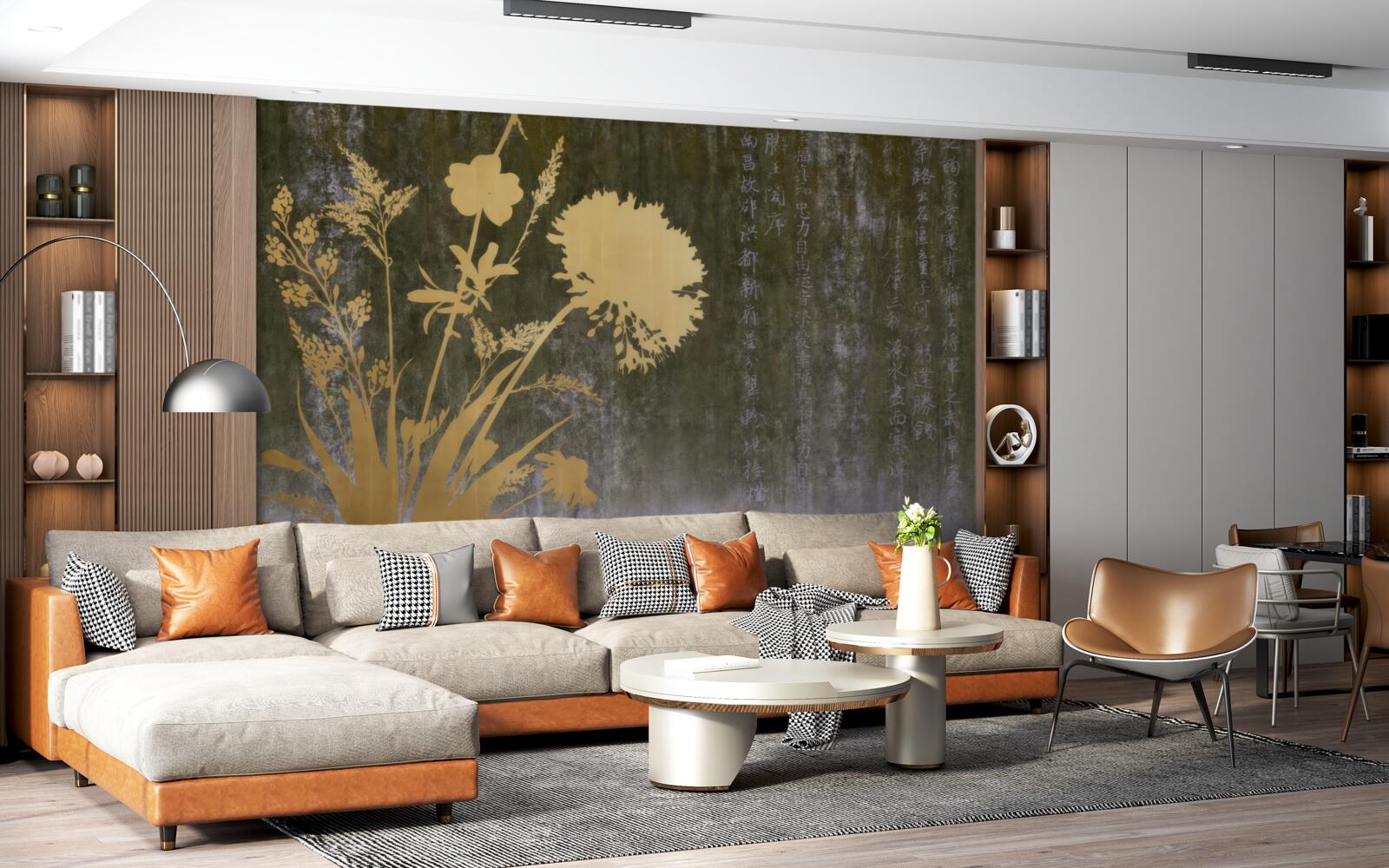 Фотошпалери фон із зображеннями ієрогліфів та рослин