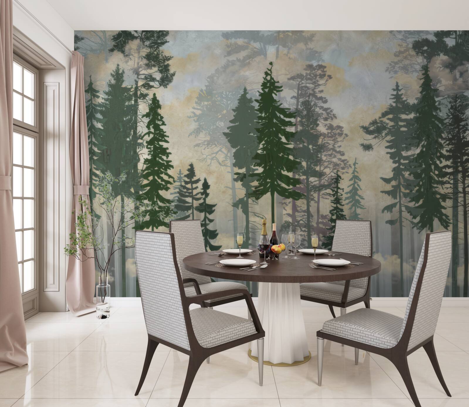 Фотошпалери туманний ліс, оповитий деревами