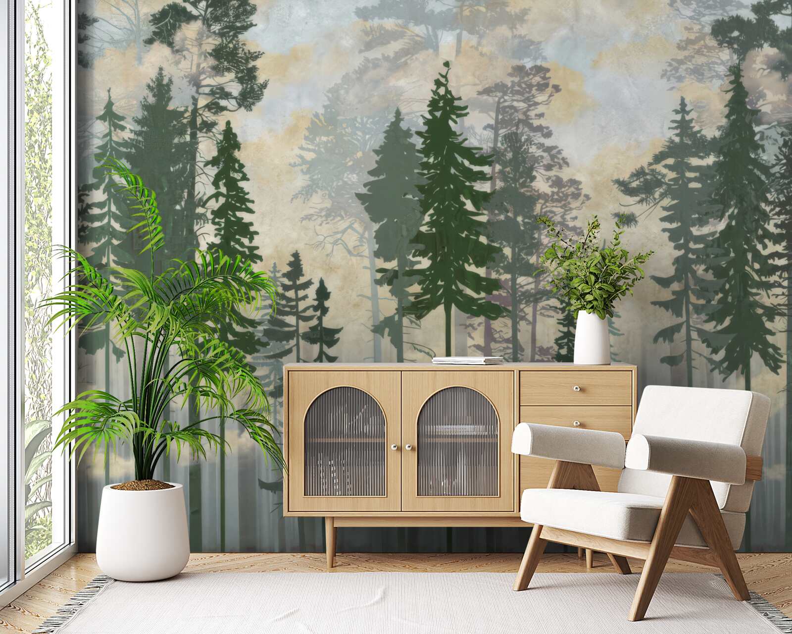 Фотошпалери туманний ліс, оповитий деревами