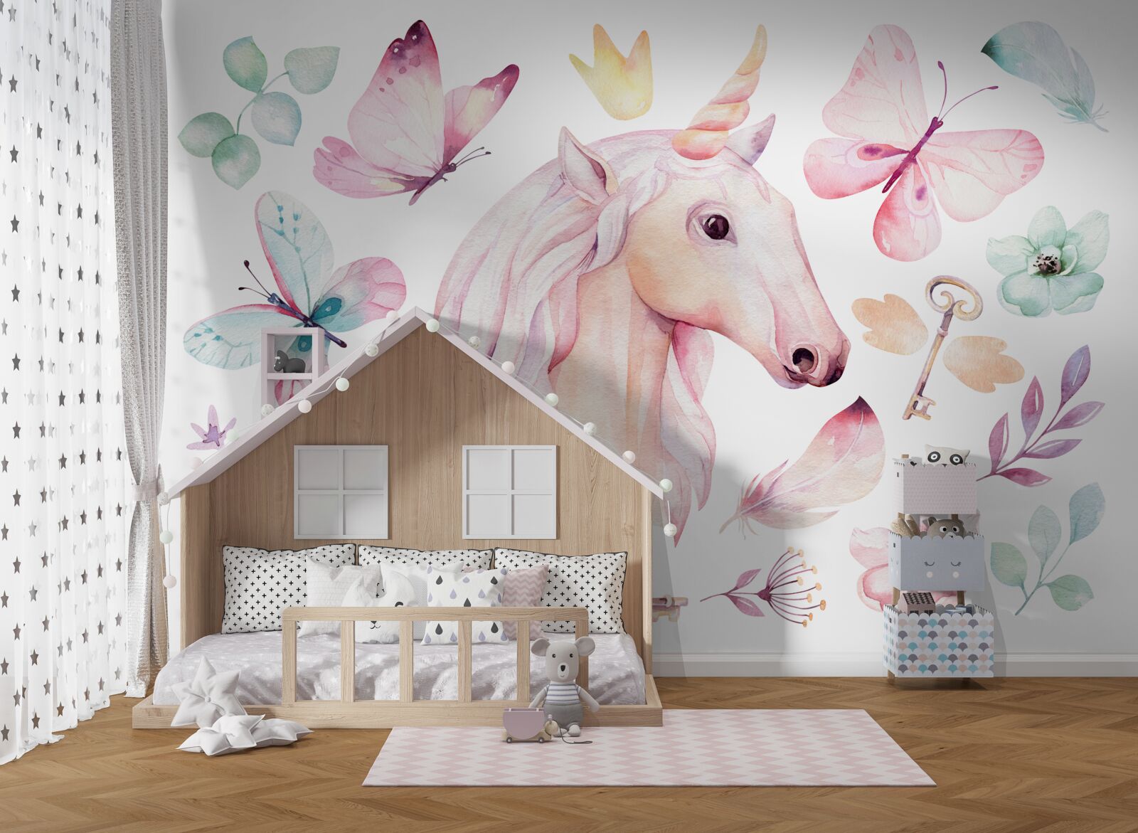 Фотошпалери єдиноріг в оточенні метеликів і ключів
