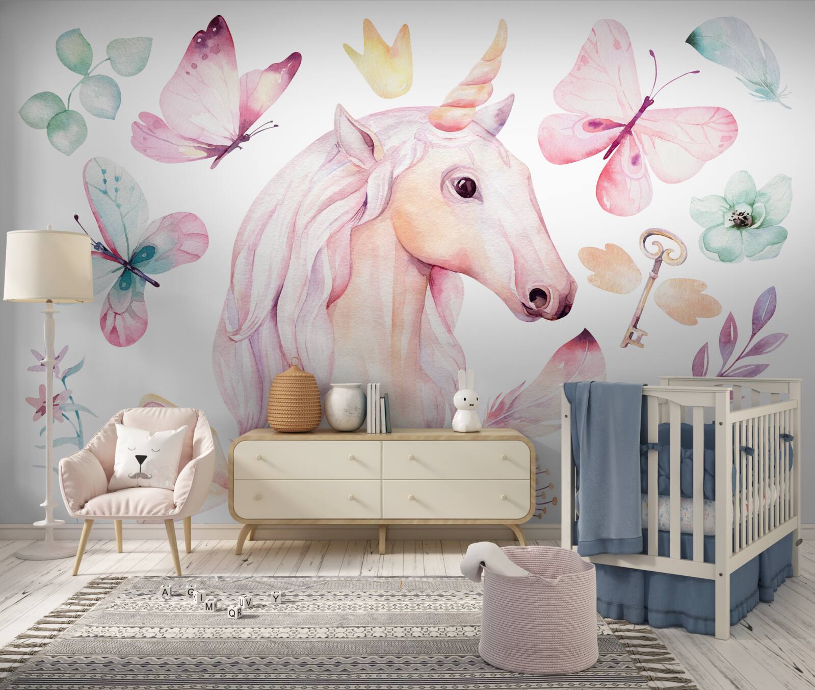 Фотошпалери єдиноріг в оточенні метеликів і ключів