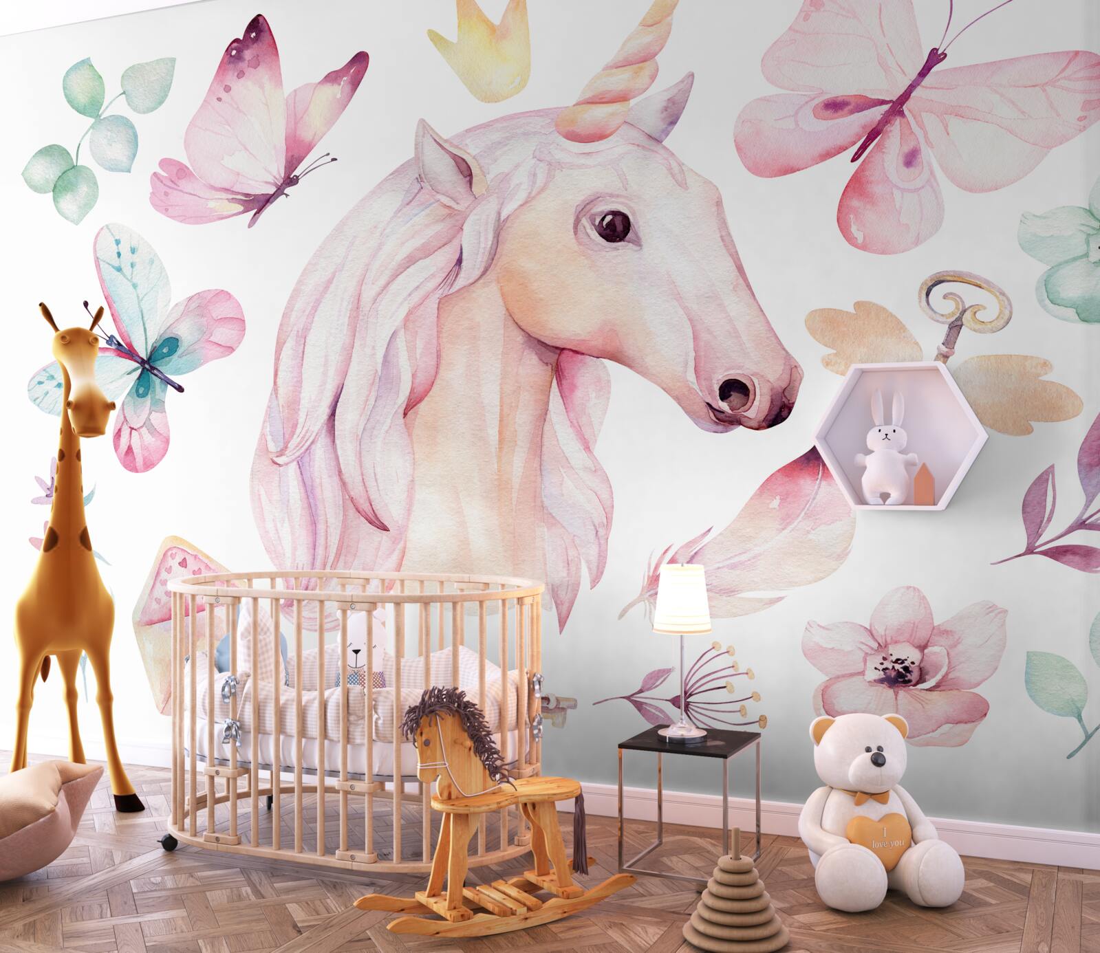 Фотошпалери єдиноріг в оточенні метеликів і ключів