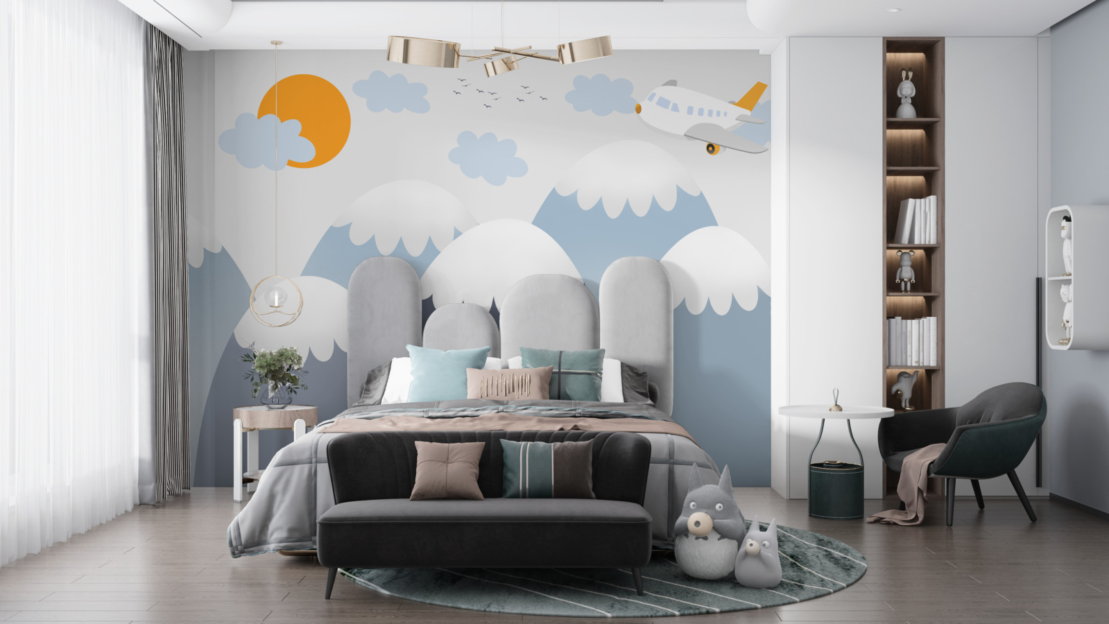 Фотошпалери літак, що летить назустріч сонцю над гірськими вершинами