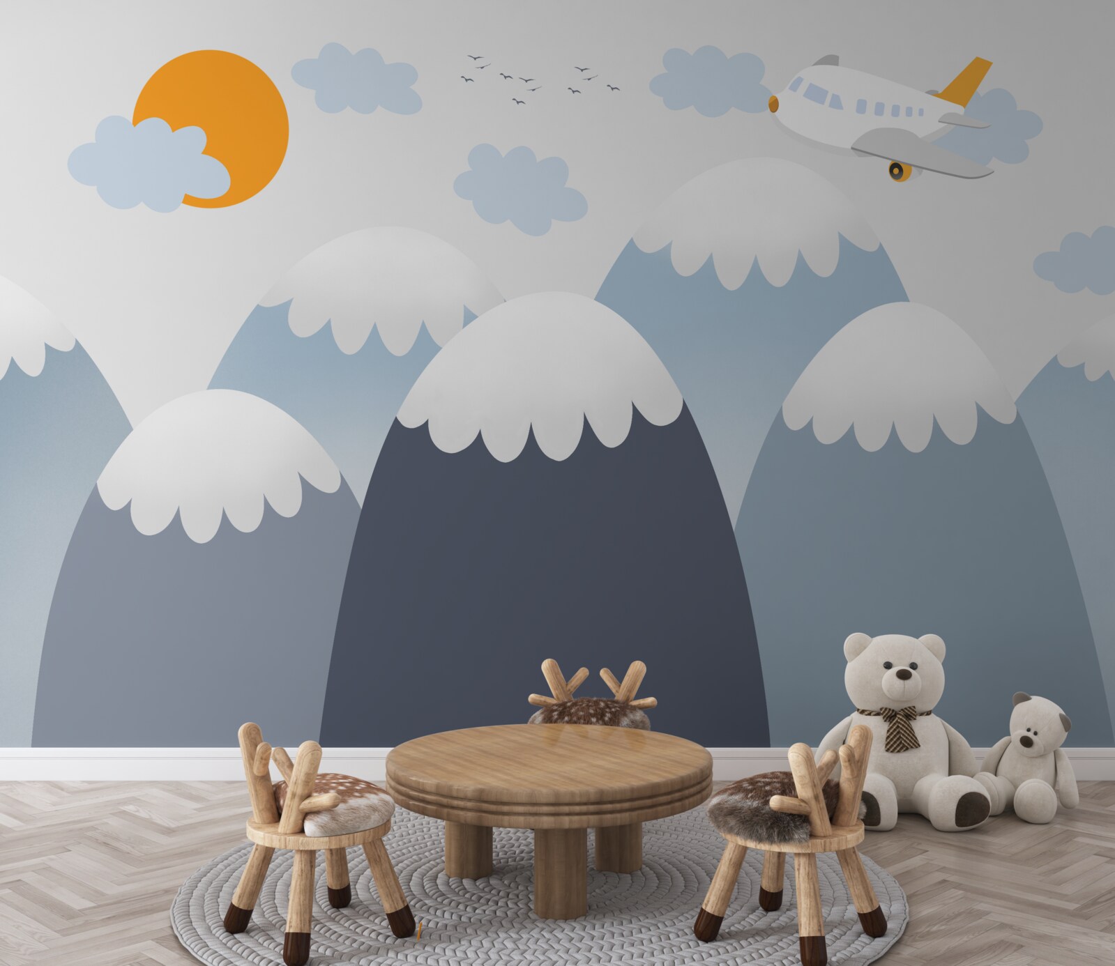 Фотошпалери літак, що летить назустріч сонцю над гірськими вершинами