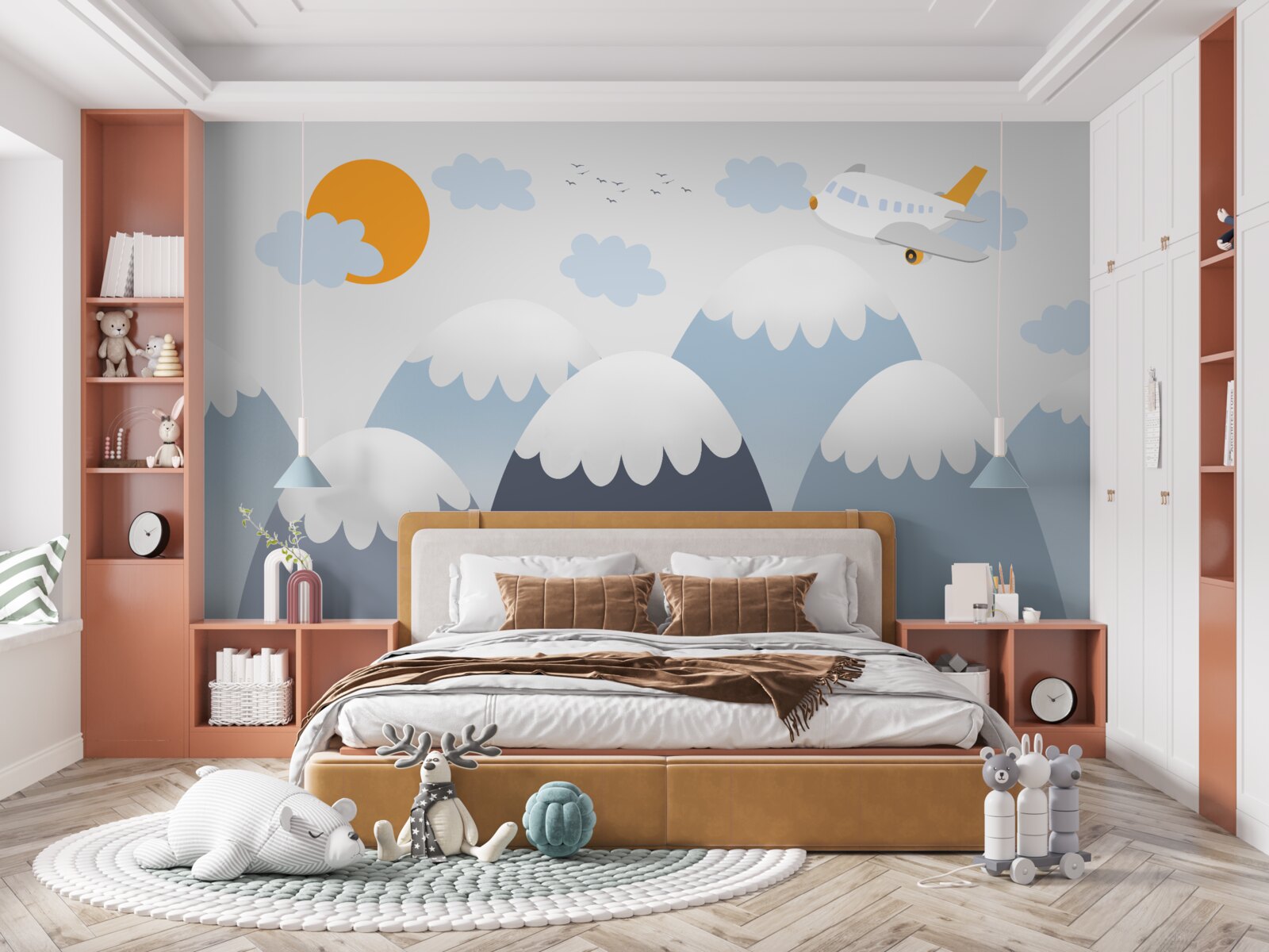 Фотошпалери літак, що летить назустріч сонцю над гірськими вершинами