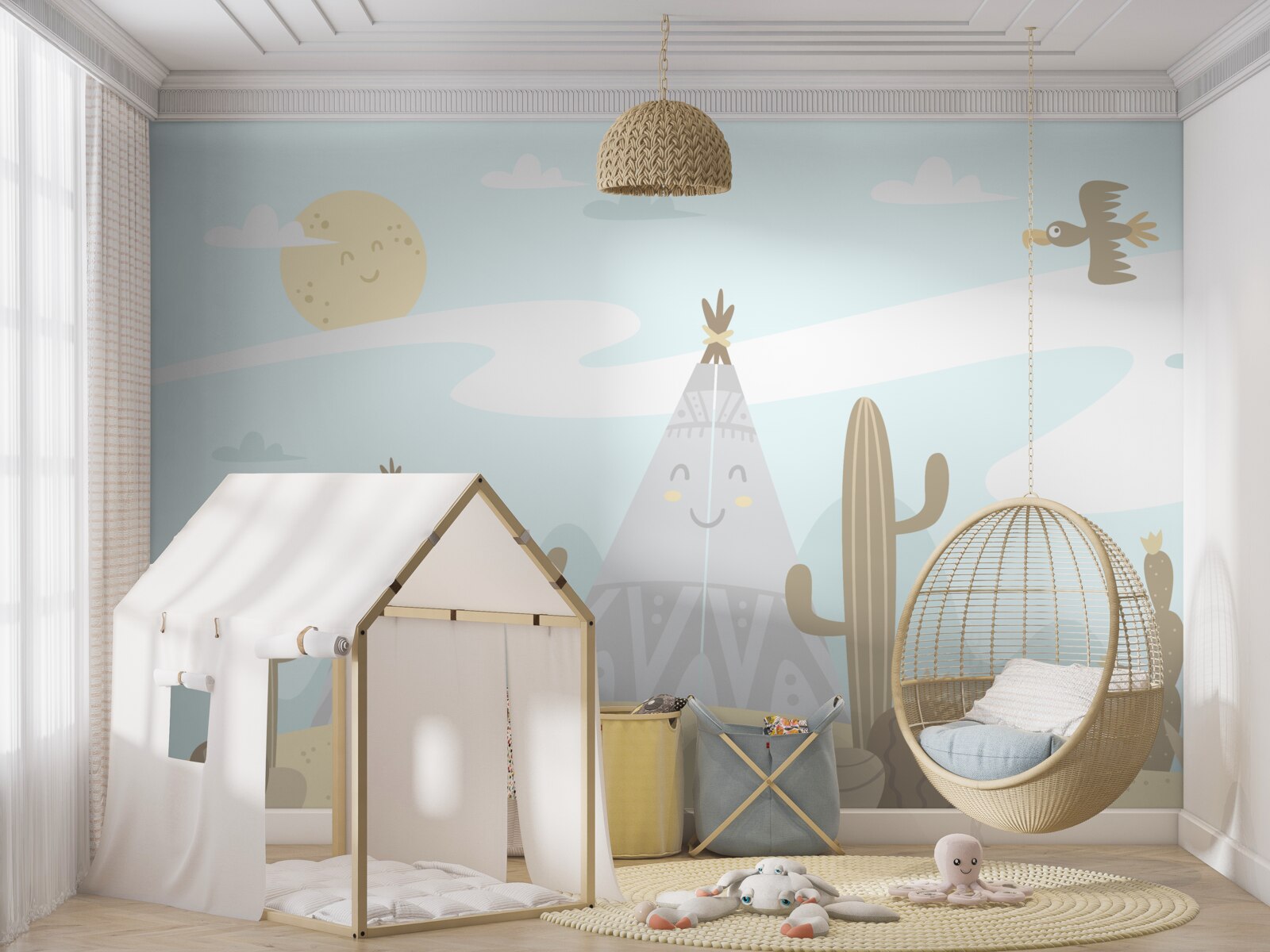 Фотошпалери намети серед кактусів у пустелі