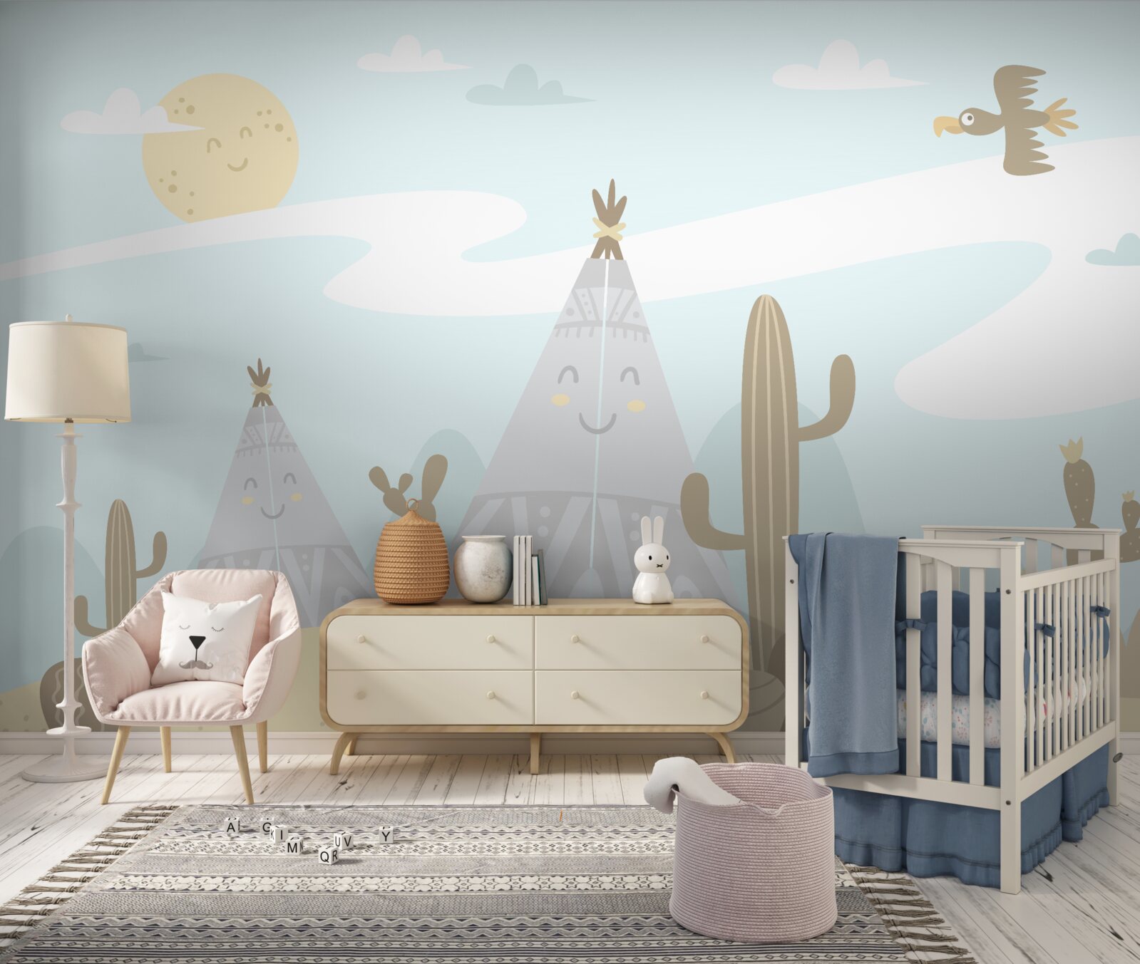 Фотошпалери намети серед кактусів у пустелі