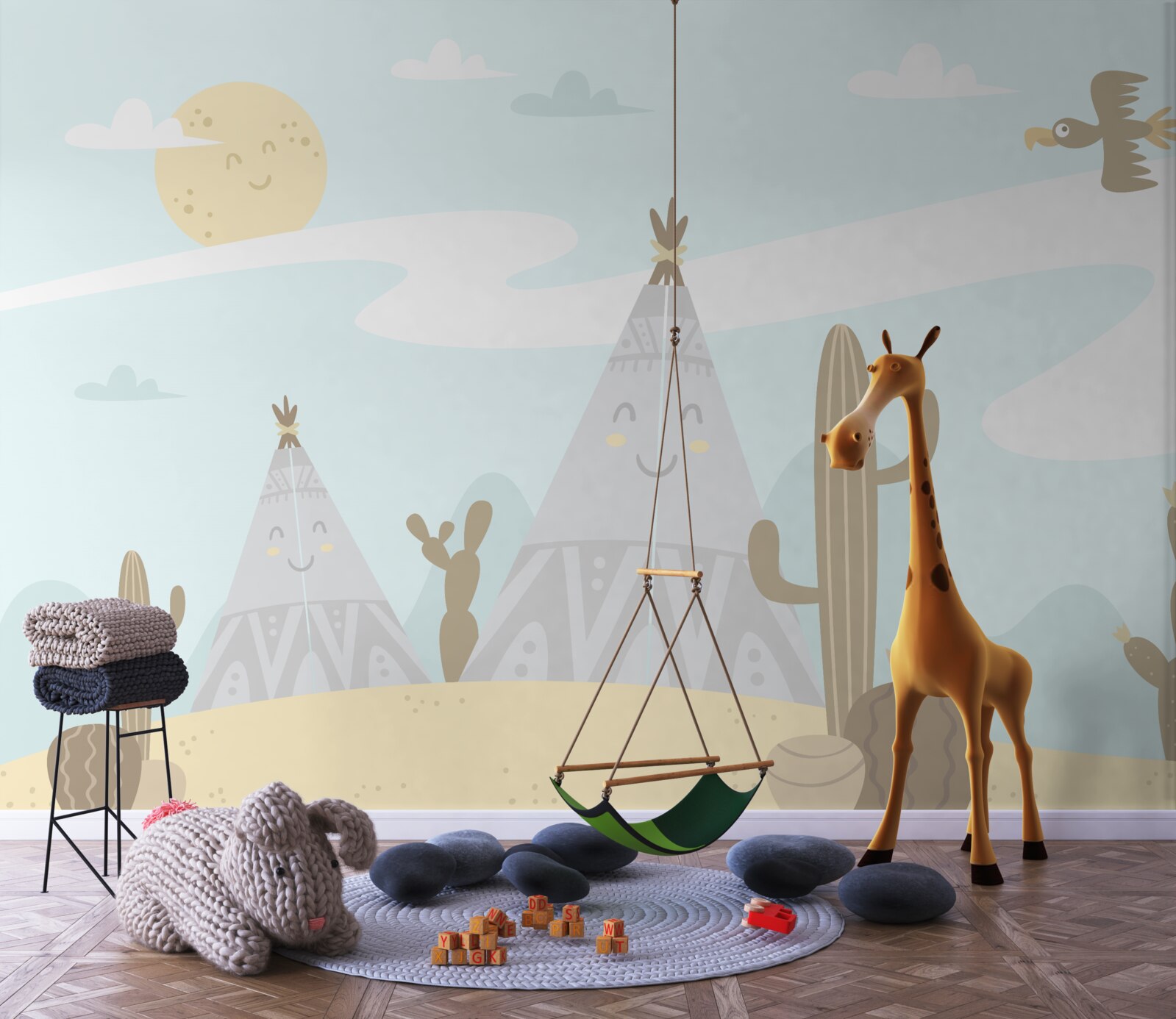 Фотошпалери намети серед кактусів у пустелі