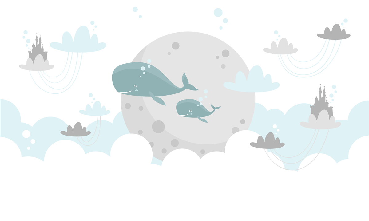 Фотошпалери сім'я китів пропливає крізь хмари