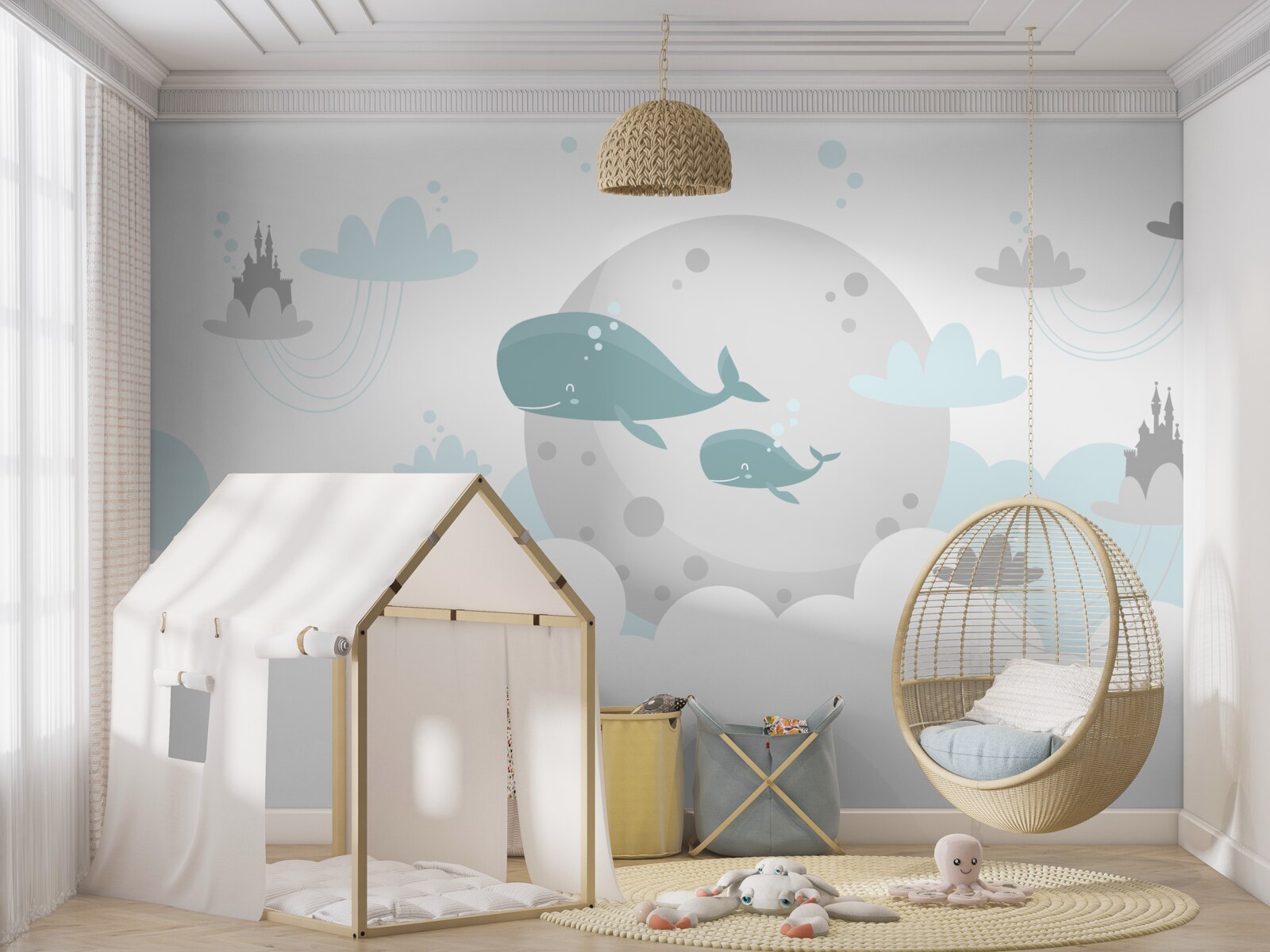 Фотошпалери сім'я китів пропливає крізь хмари