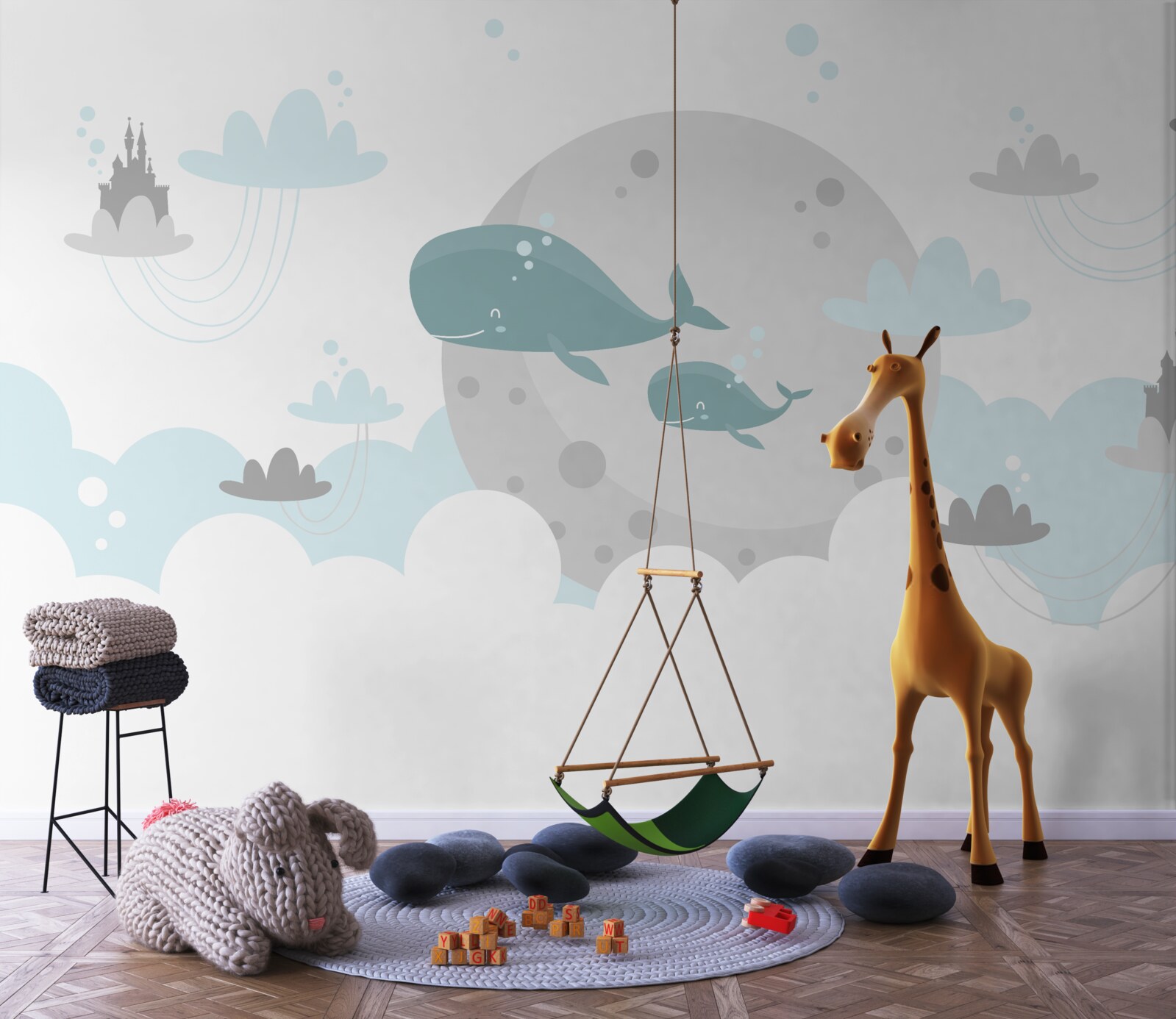 Фотошпалери сім'я китів пропливає крізь хмари