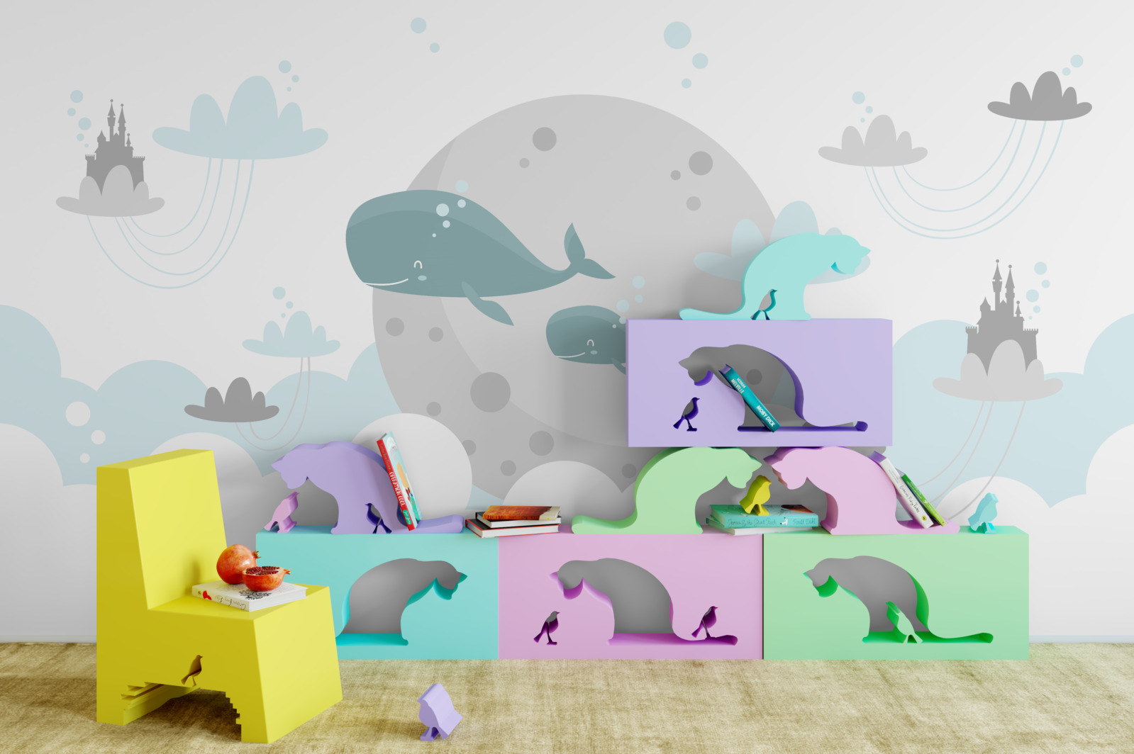 Фотошпалери сім'я китів пропливає крізь хмари