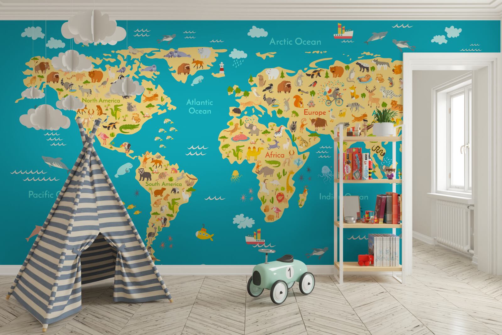 Фотошпалери карта світу з фотографіями фауни та місцевих мешканців