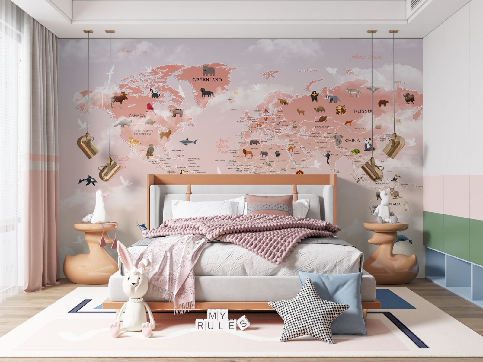 Фотошпалери рожева карта світу із зображеннями та назвами тварин