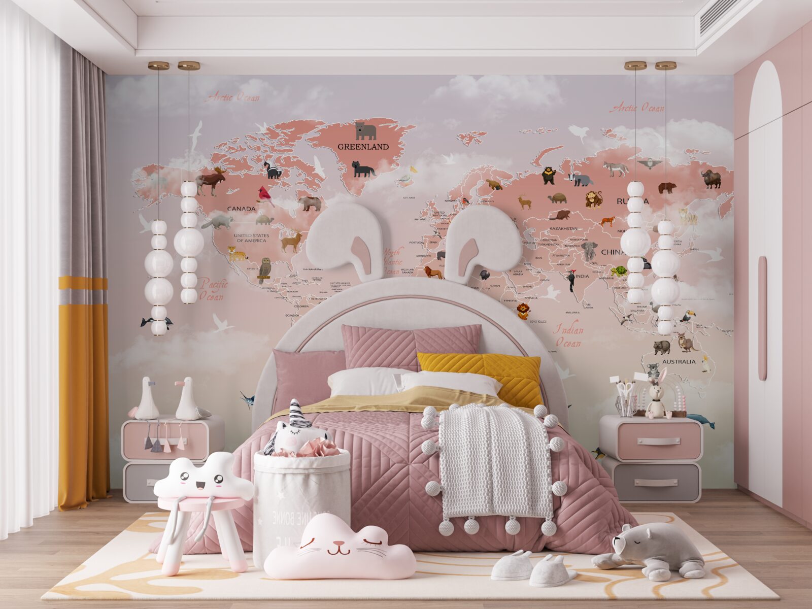 Фотошпалери рожева карта світу із зображеннями та назвами тварин