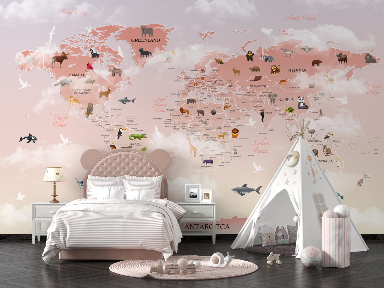 Фотошпалери рожева карта світу із зображеннями та назвами тварин