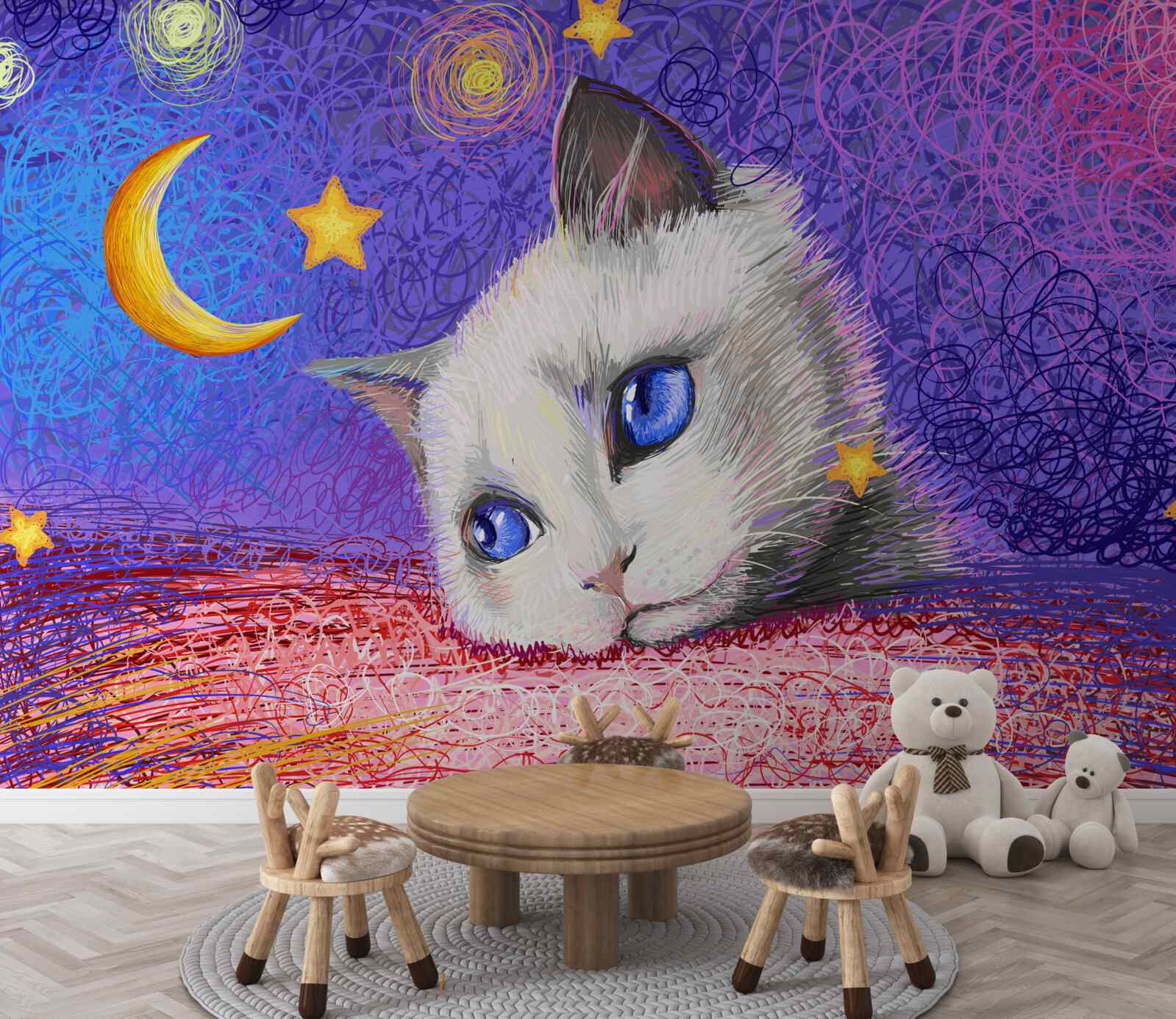 Фотошпалери милий кіт дивиться на місяць