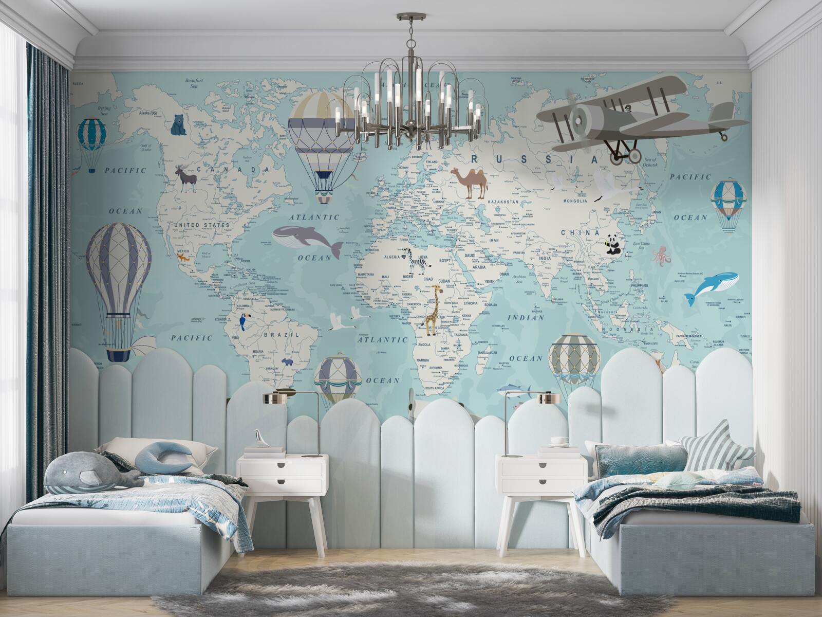 Фотошпалери детальна карта світу з повітряними кулями та літаками