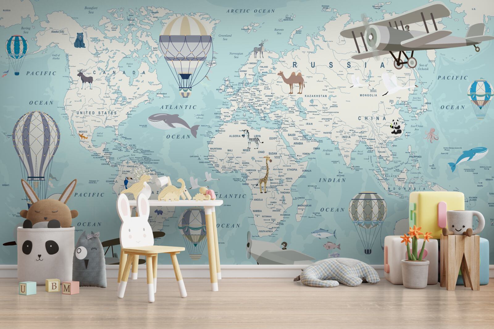 Фотошпалери детальна карта світу з повітряними кулями та літаками
