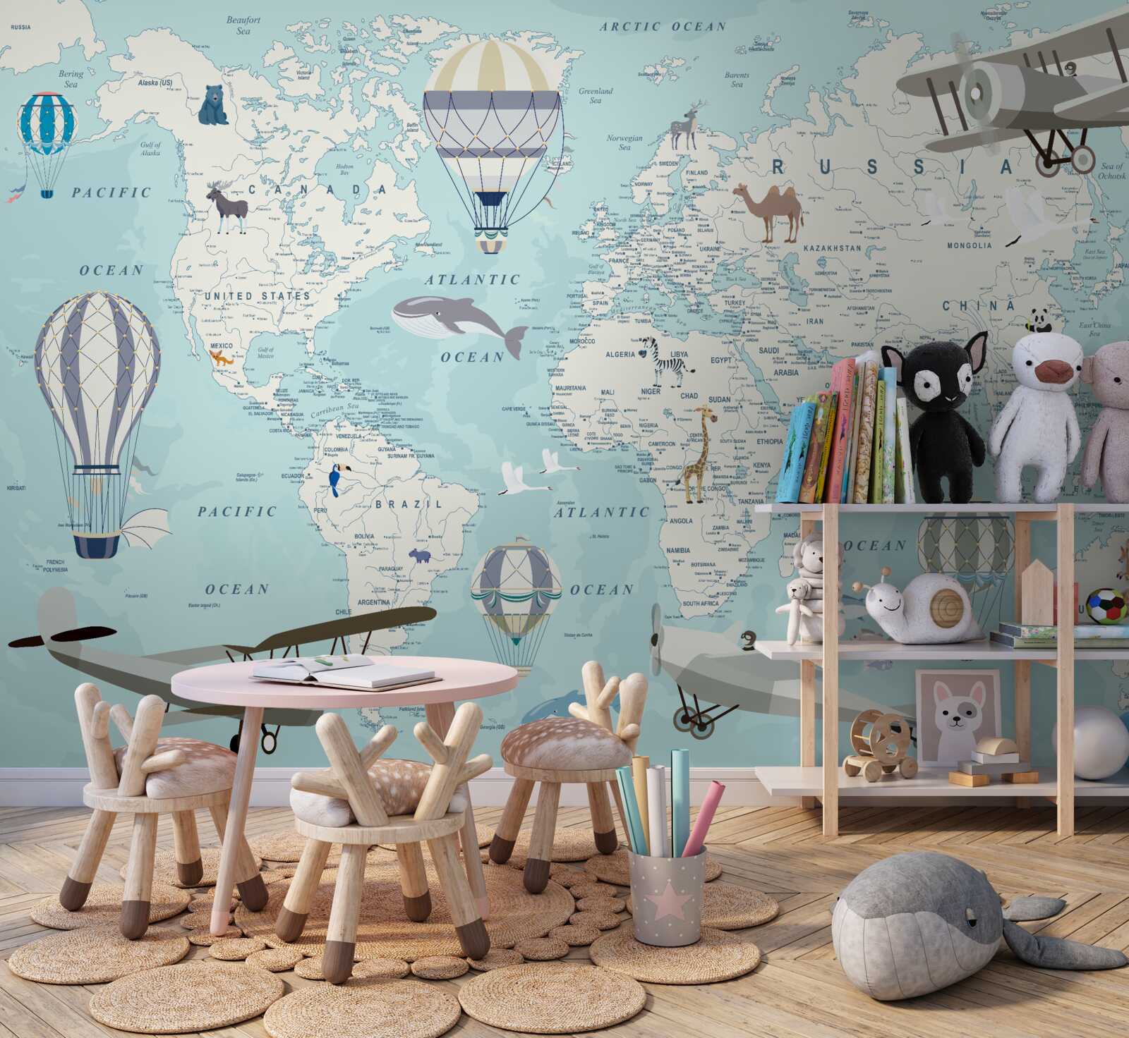 Фотошпалери детальна карта світу з повітряними кулями та літаками