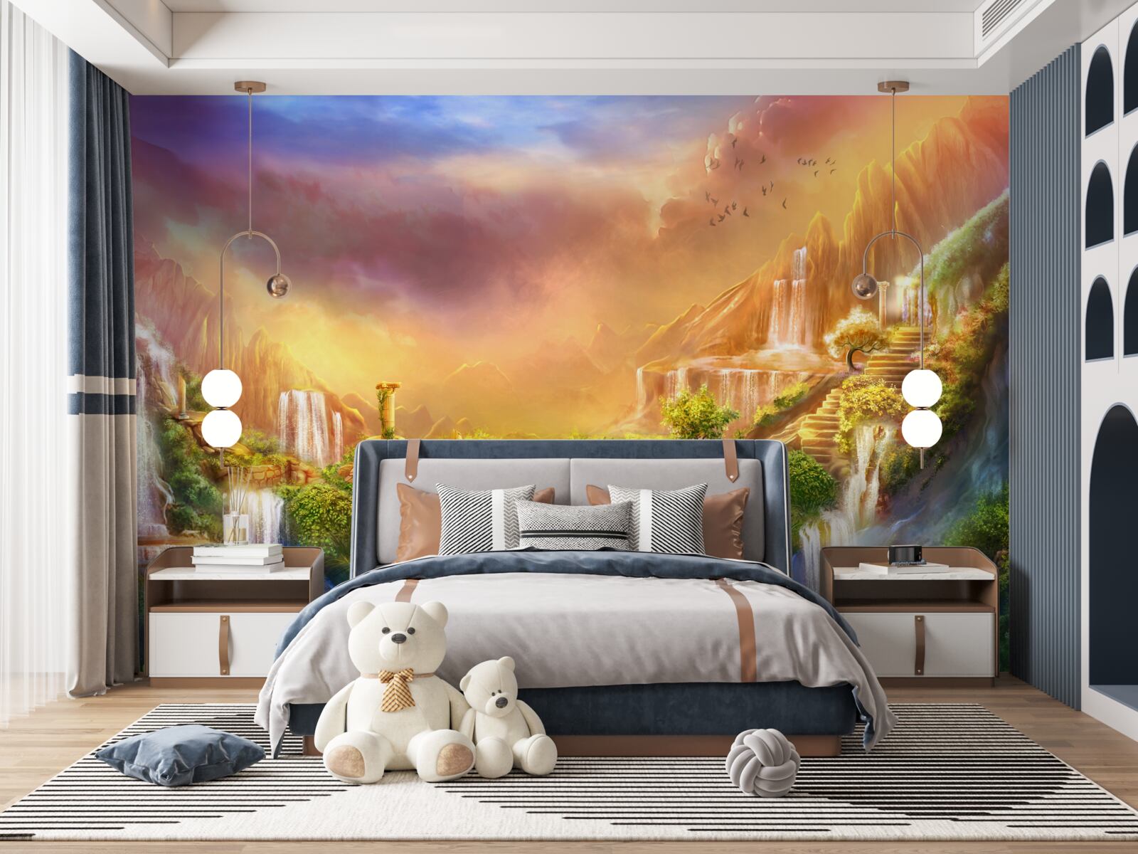 Фотошпалери чарівний пейзаж з каскадними водоспадами