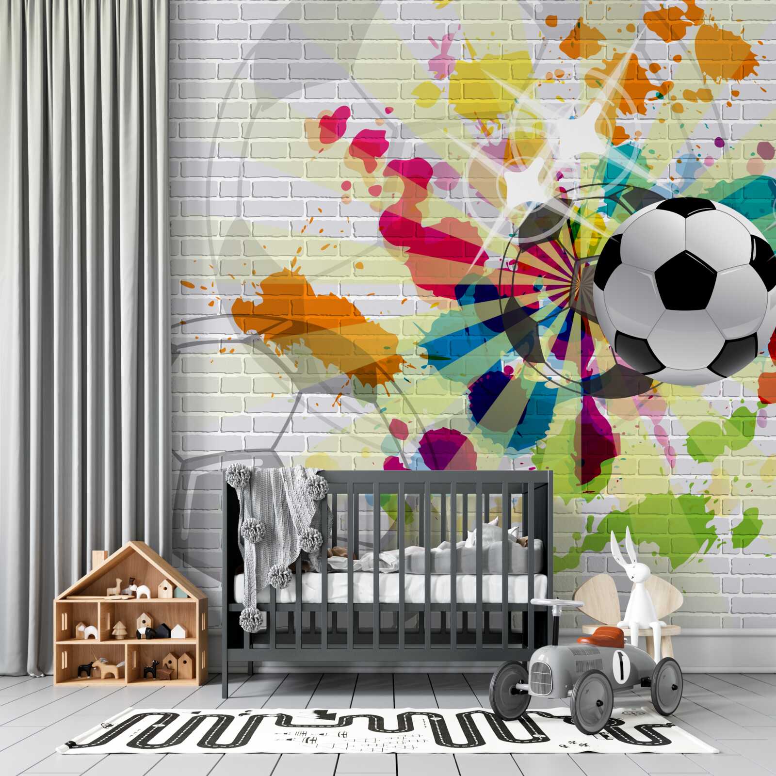 Фотошпалери на стіні висить зображення футбольного м'яча у квітах