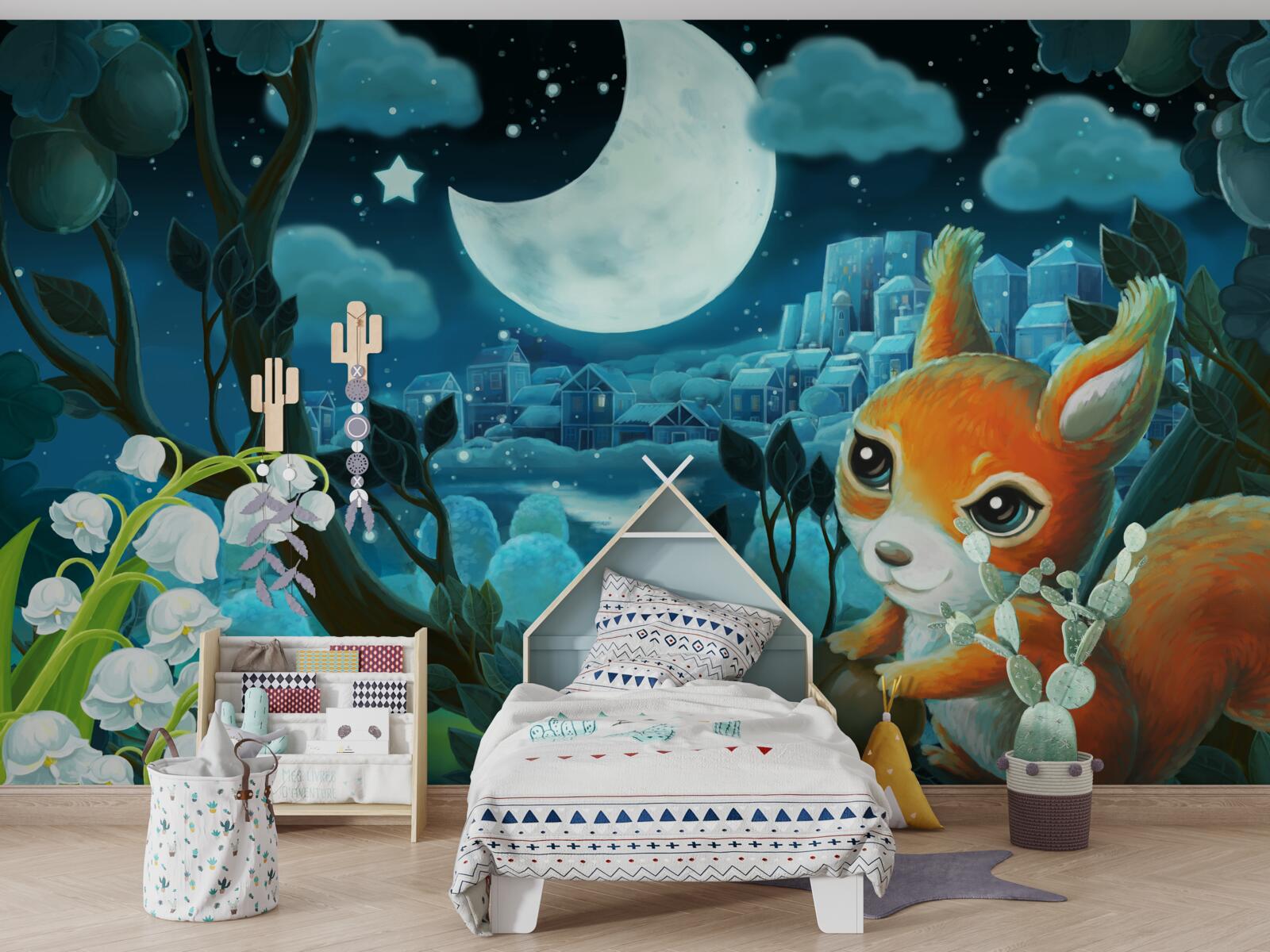 Фотошпалери білка милується місяцем, що сяє над містом